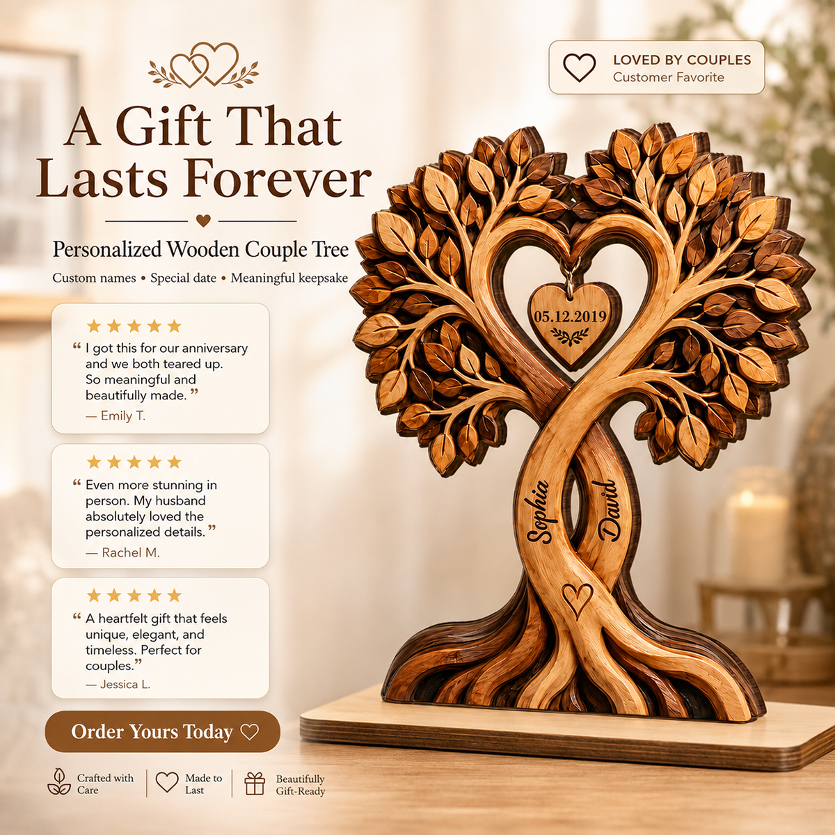 Couple Heart Tree - Personalized 2-Layered Wooden Plaque - Anniversary Gift for Him, Gift for Her