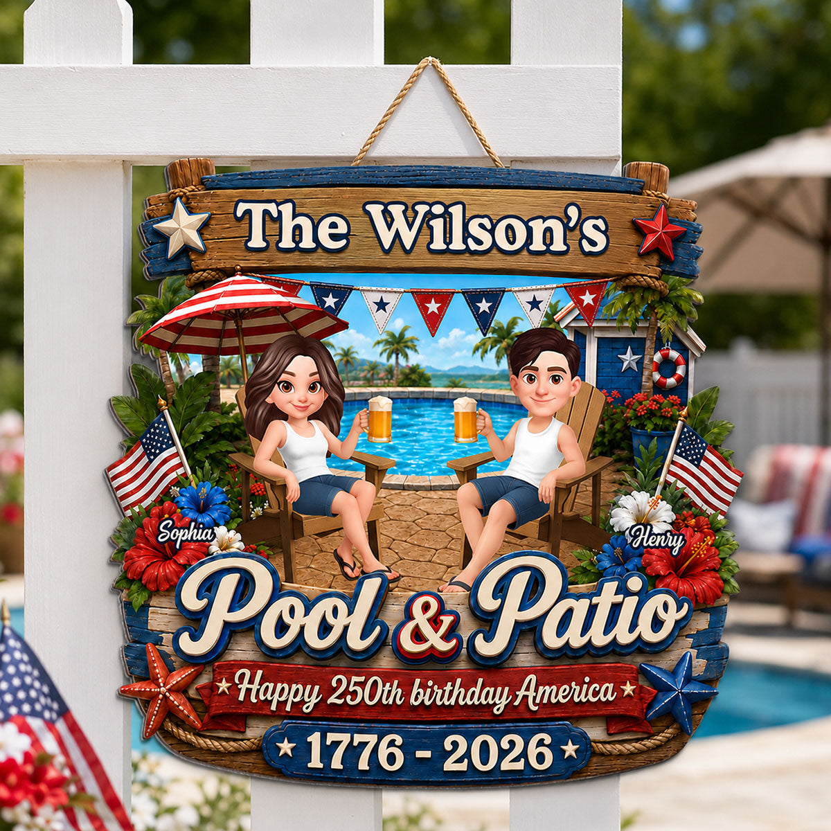 America 250th Anniversary Couple Pool & Patio - Personalized Wood Sign - Summer Pool Patio Decoration