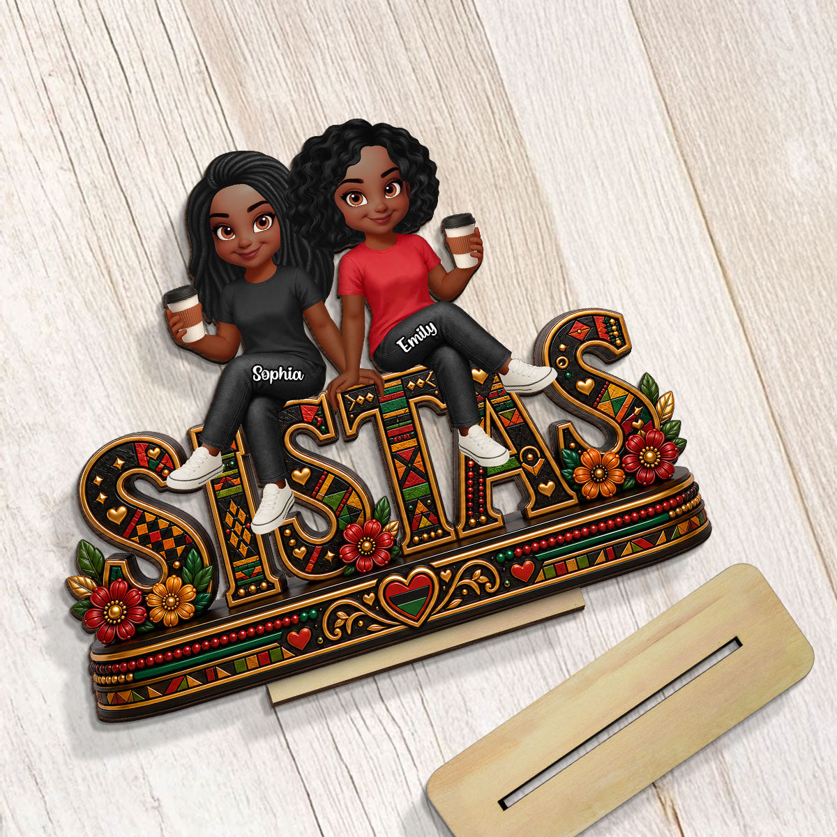 Tribal Patterned Besties Sisters Sistas Forever - Personalized 2-Layered Wooden Plaque - Birthday Gift, International Day of Friendship Gift For Best Friends