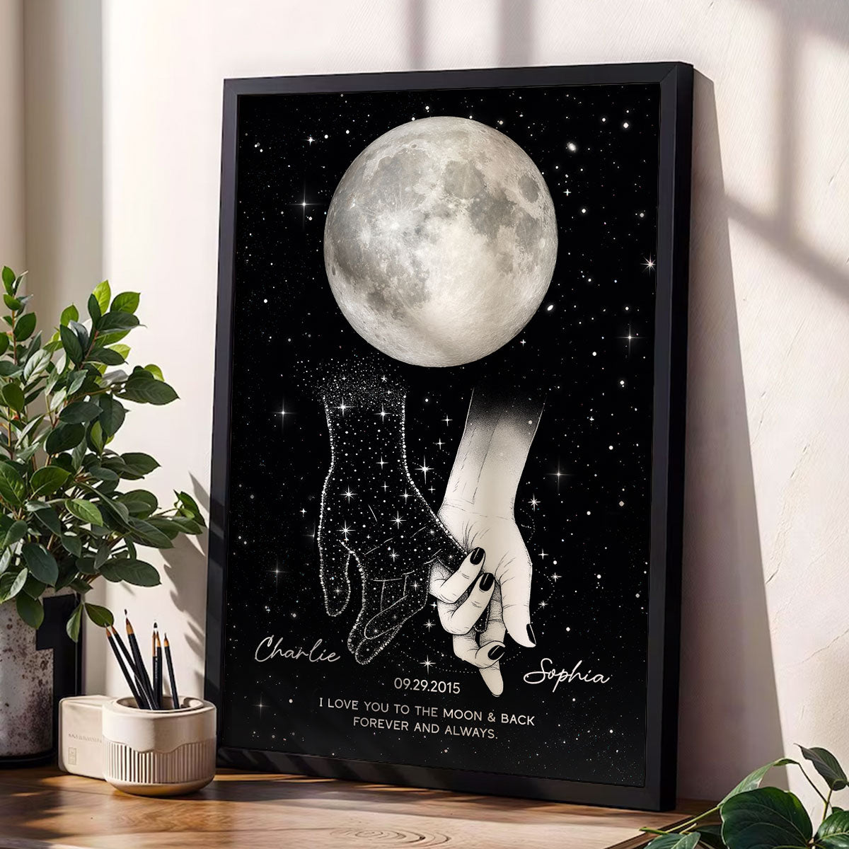 Lost Loved One Holding Hands Moon Phase Galaxy Art Memorial Sympathy Gift Personalized Poster