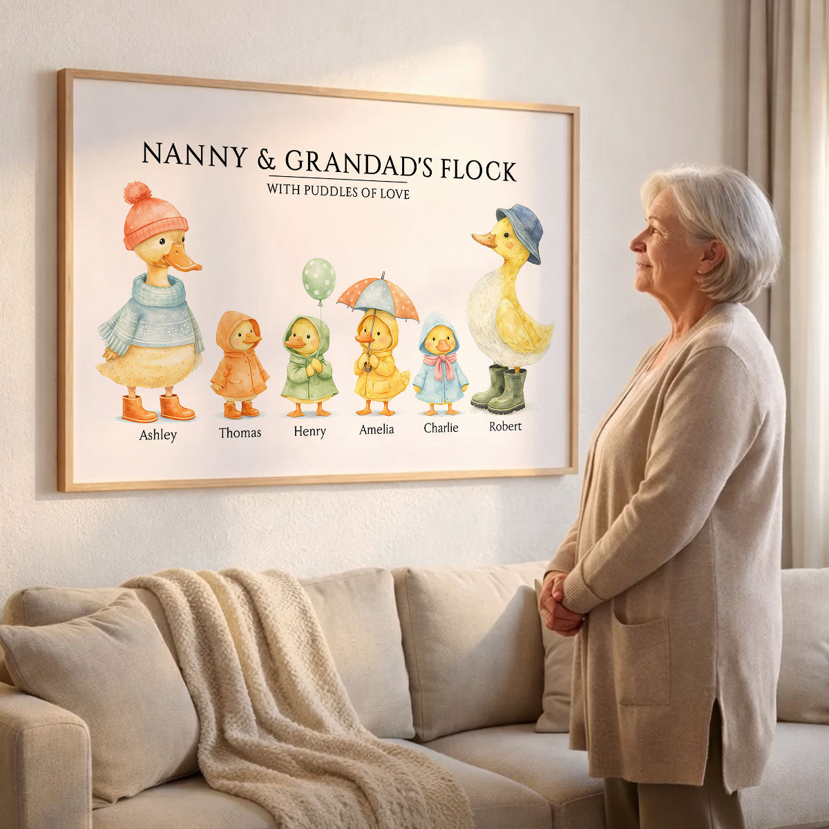 Nanny & Granddad's Flock with Puddles of Love - Personalised Poster - Gift for Grandparents
