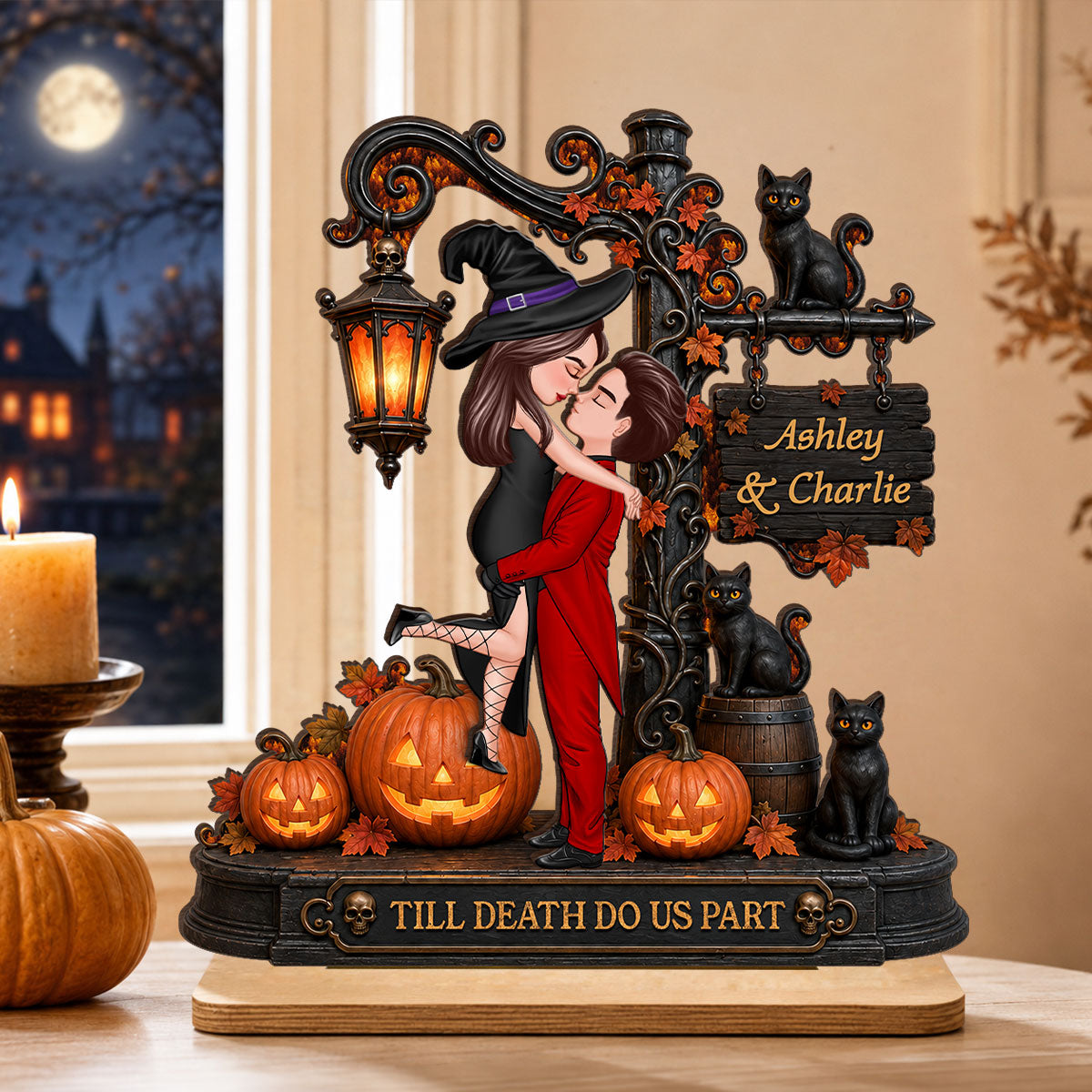 Till Death Do Us Part Couple - Personalized 2-Layered Wooden Plaque - Halloween Fall Decor for Her