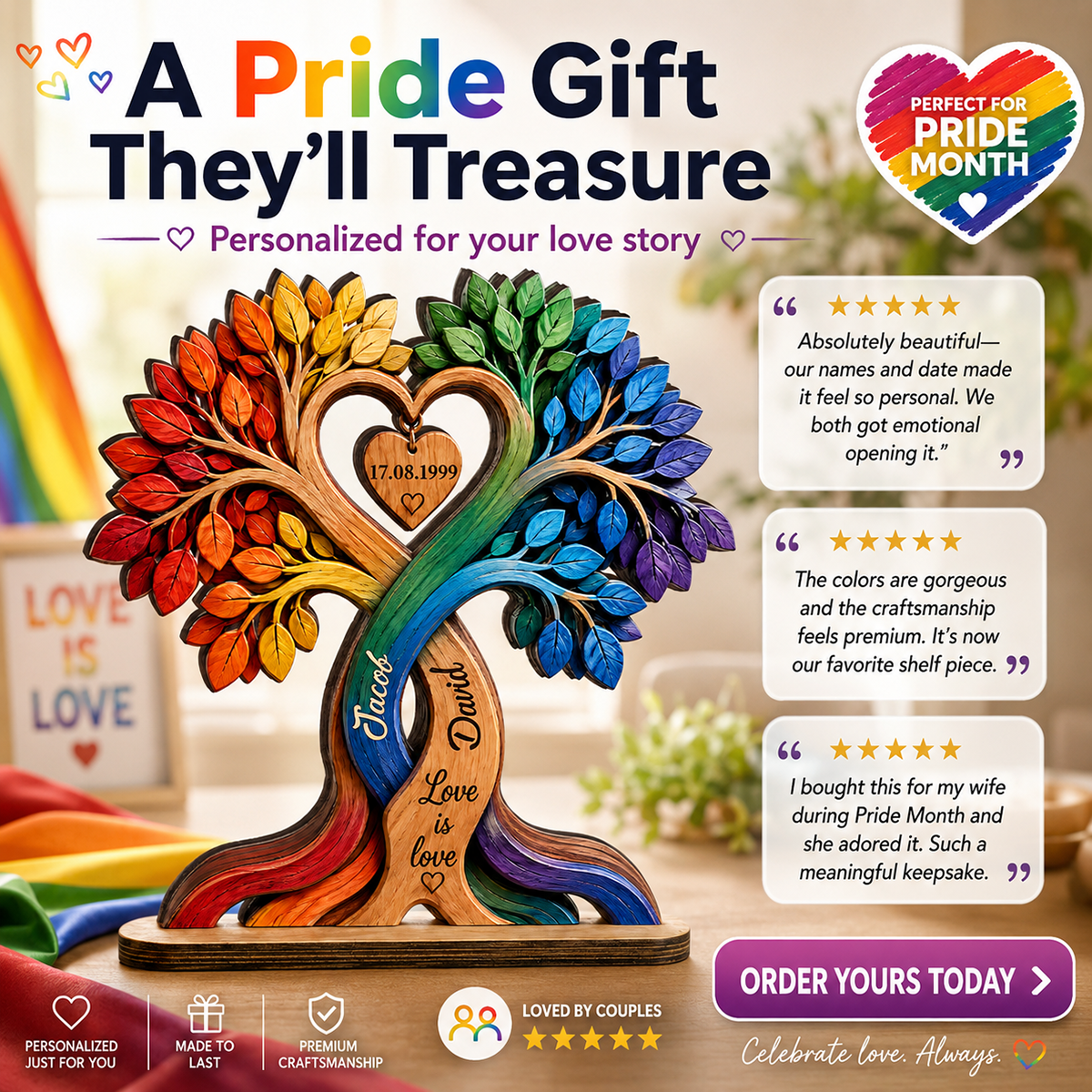 LGBT Couple Heart Tree - Personalized 2-Layered Wooden Plaque - Anniversary Gift for Him, Gift for Her