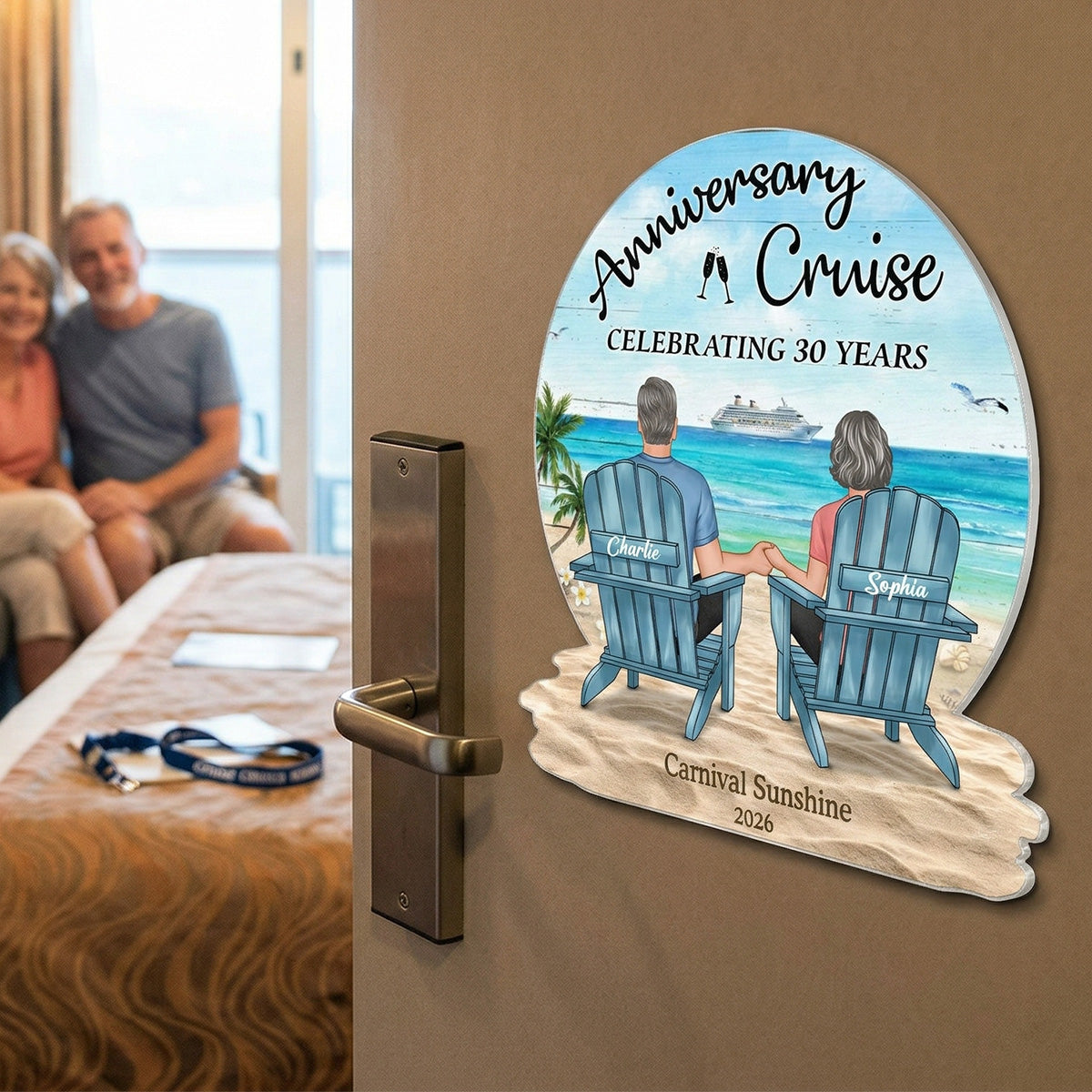 Celebrating Anniversary Couple Back View At The Beach - Personalized Cruise Cabin Door Magnet - Anniversary Cruise Keepsake