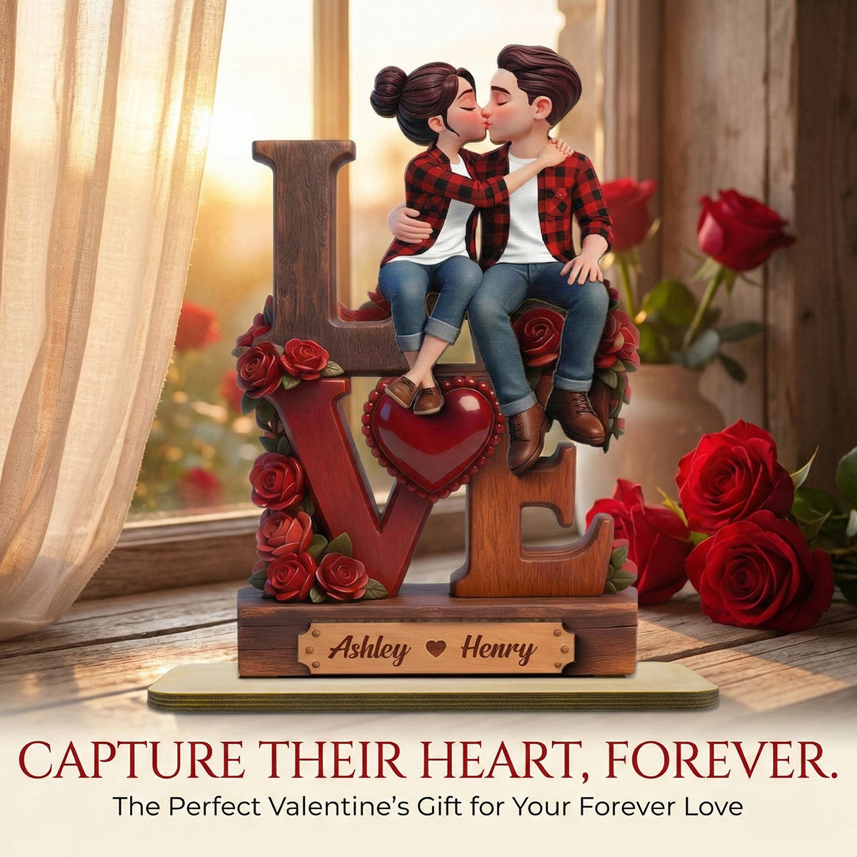 Eternal LOVE Forever Together Roses - Personalized 2-Layered Wooden Plaque - Heartfelt Anniversary Gift, Wedding Gift For Couple, For Him, For Her
