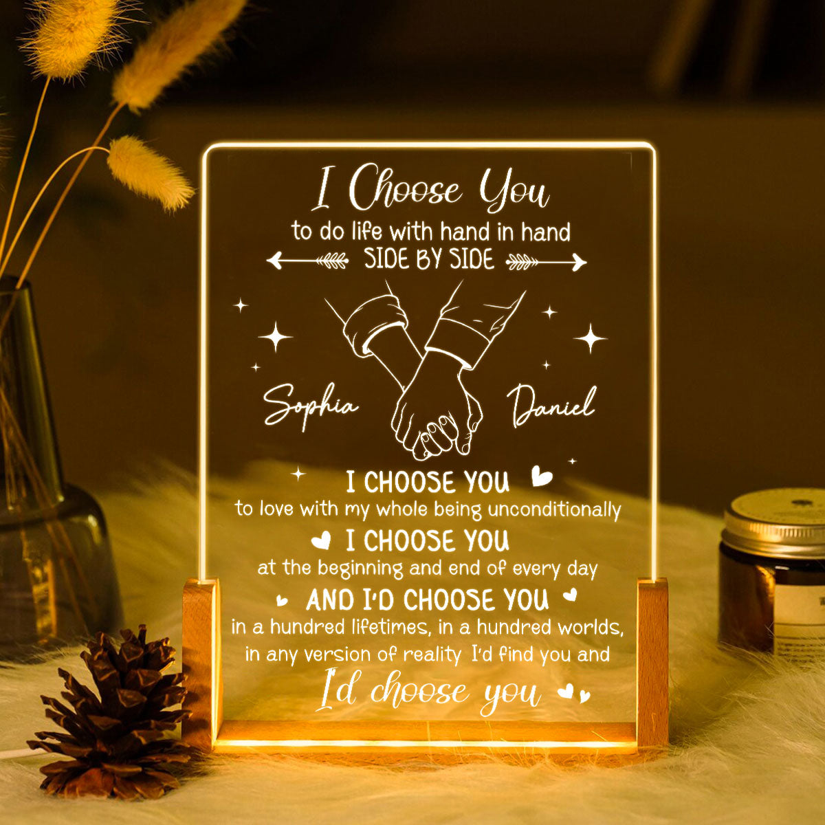 Romantic I Choose You Hand In Hand - Personalized Acrylic LED Night Light - Wedding Anniversary Gift For Couple