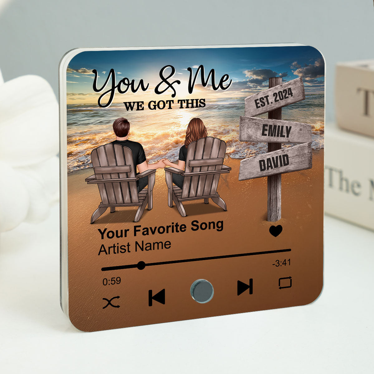 Romantic Beach Landscape Couple Sitting Holding Hands Sign Posts - Personalized Music Fridge Magnet - Heartfelt Gift For Couple, For Him, For Her, Husband, Wife