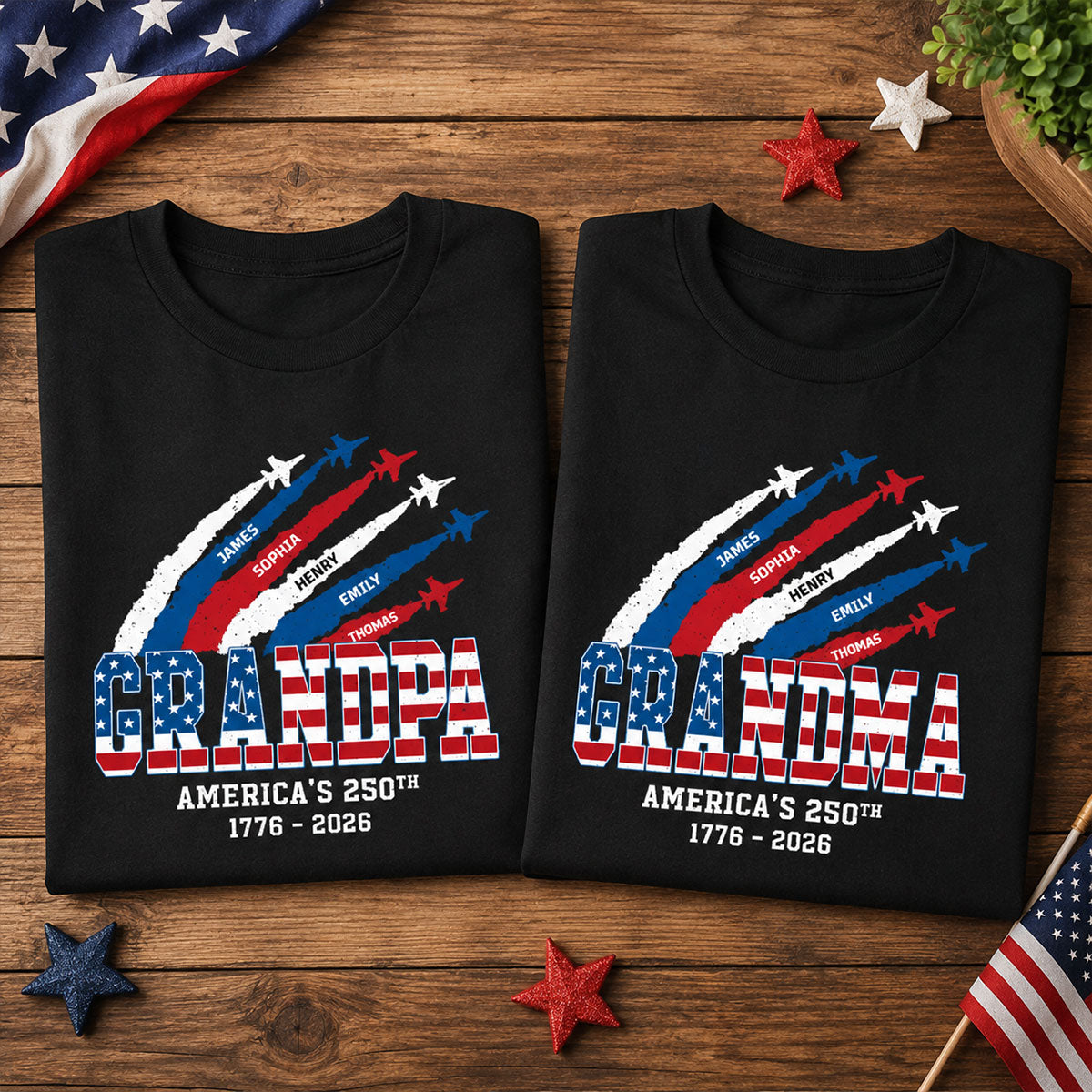Proud Grandma Grandpa Nation Flag America 250th Anniversary - Personalized Set Of 2 Shirts - 250 Years Of Freedom Celebration, Matching Shirts