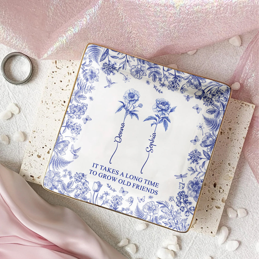 It Takes A Long Time To Grow An Old Friend, Bestie Toile De Jouy - Personalized Jewelry Dish, Gift For Friend