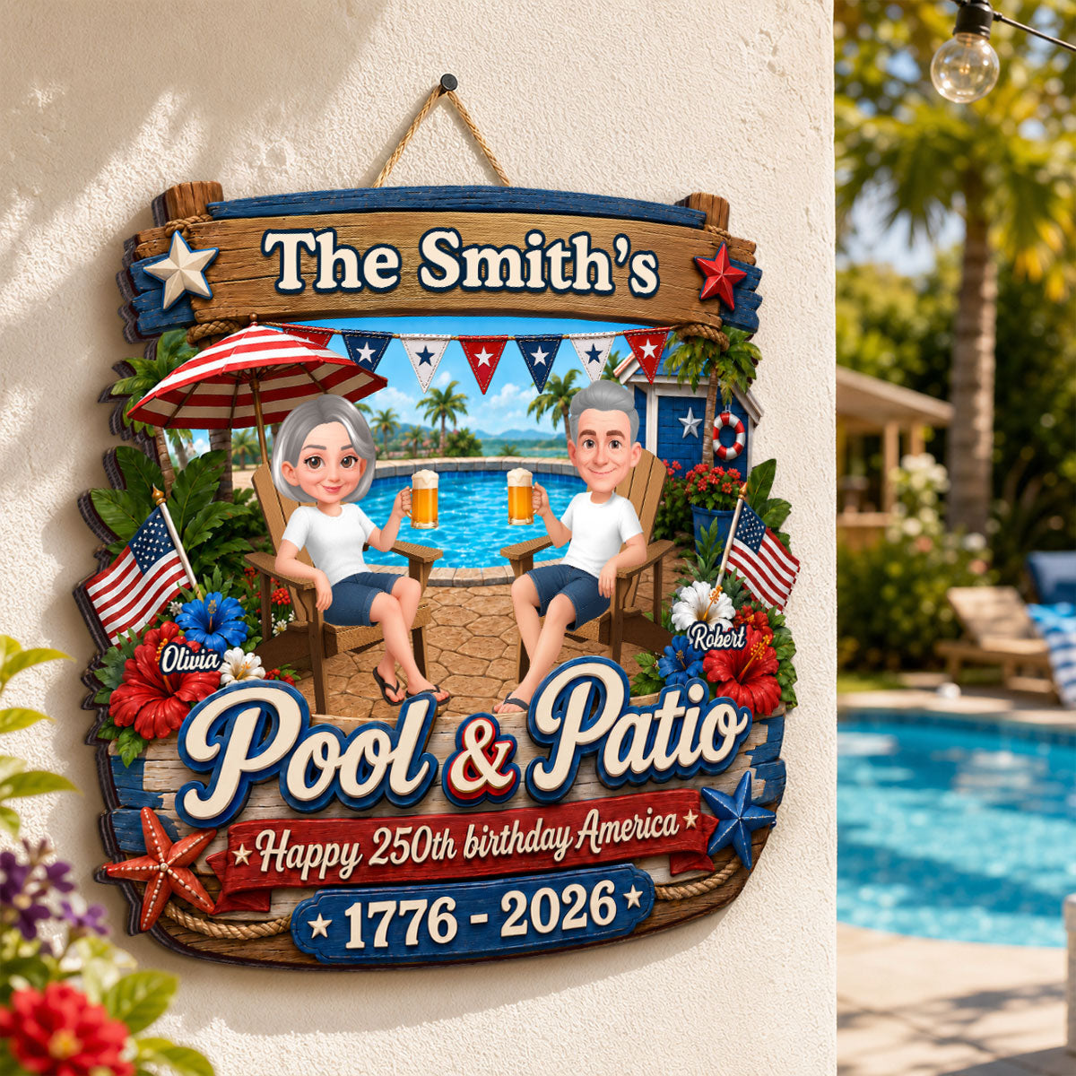 America 250th Anniversary Couple Pool & Patio - Personalized Wood Sign - Summer Pool Patio Decoration