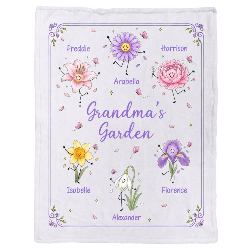 Grandma's Garden Cute Doodle Birth Month Flowers - Personalized Fleece Blanket - Gift For Grandma