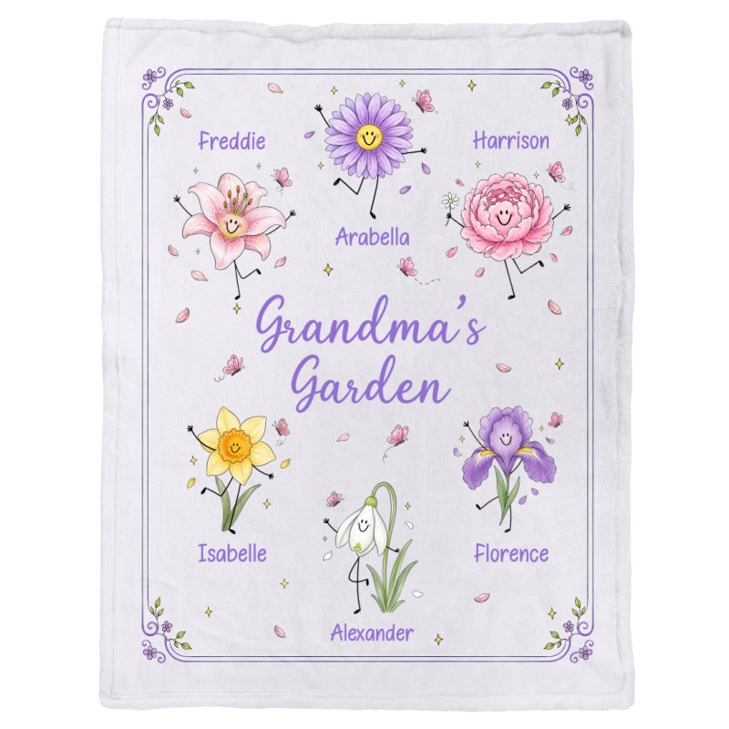 Grandma's Garden Cute Doodle Birth Month Flowers - Personalized Fleece Blanket - Gift For Grandma