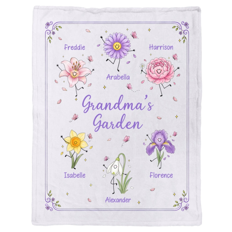 Grandma's Garden Cute Doodle Birth Month Flowers - Personalized Fleece Blanket - Gift For Grandma