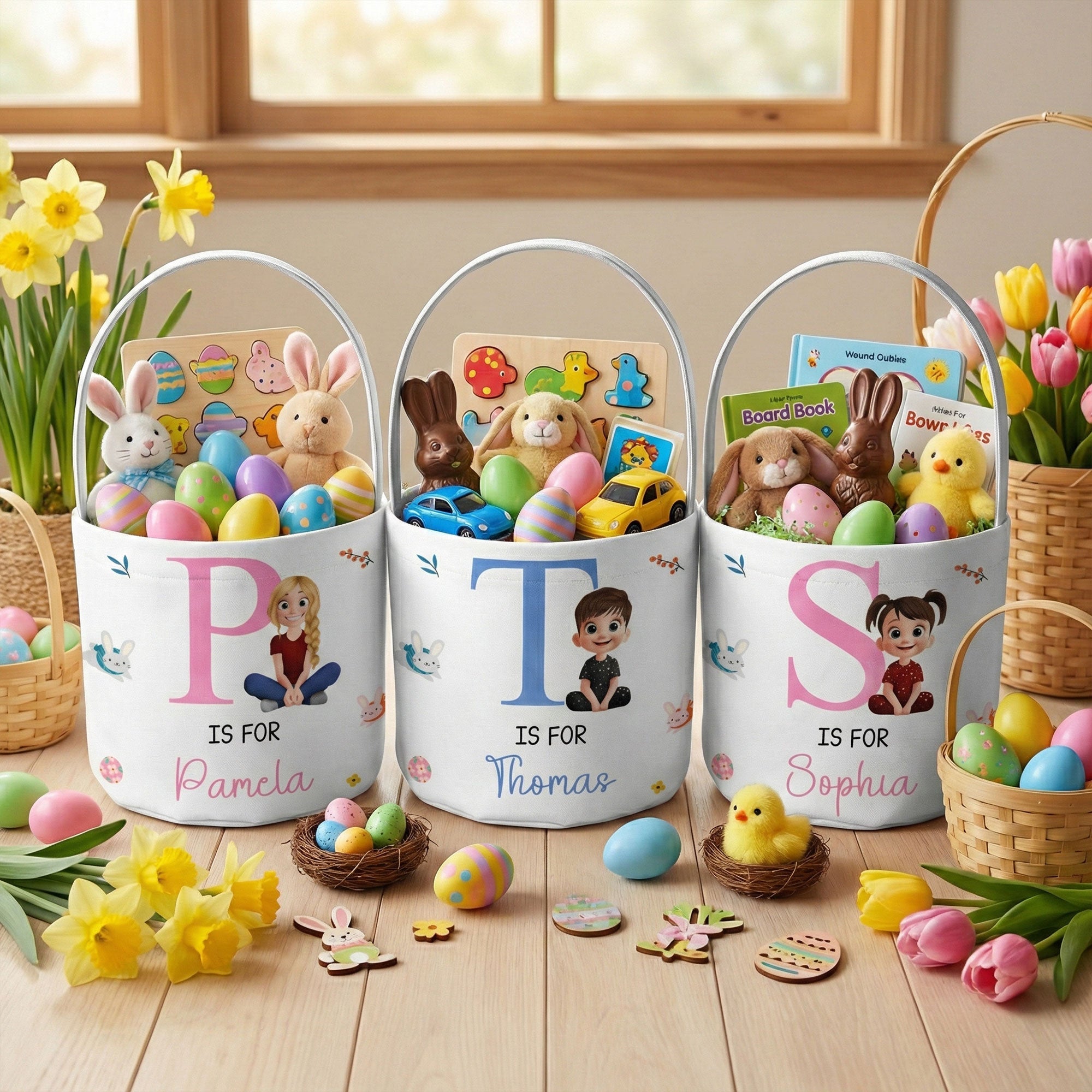Initial Name Cute Cartoon - Personalized Easter Basket