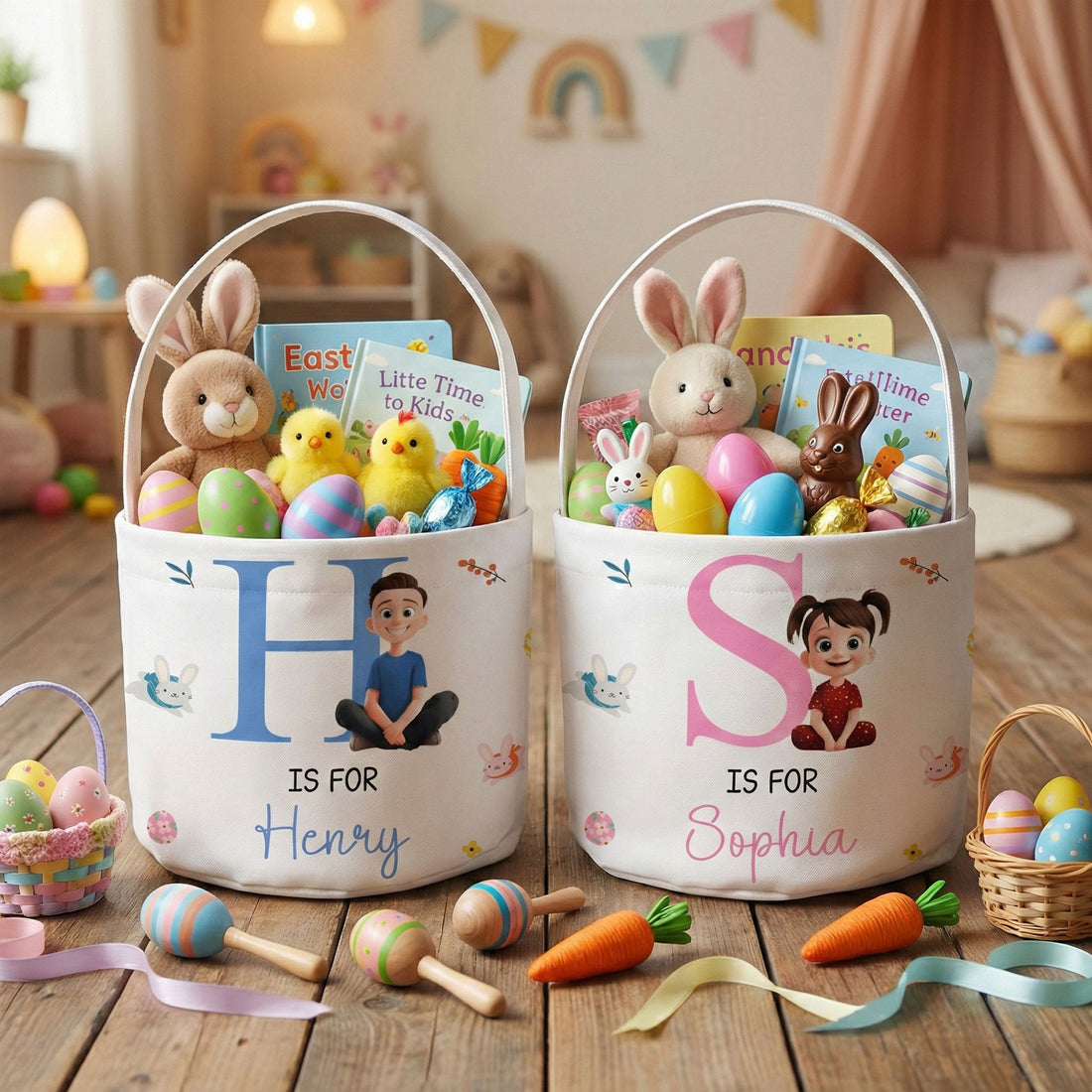 Initial Name Cute Cartoon - Personalized Easter Basket