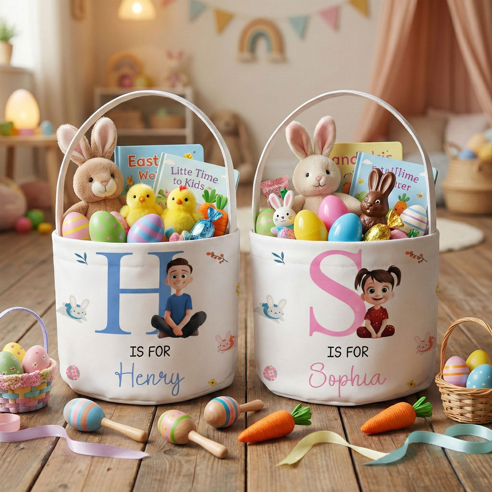 Initial Name Cute Cartoon - Personalized Easter Basket
