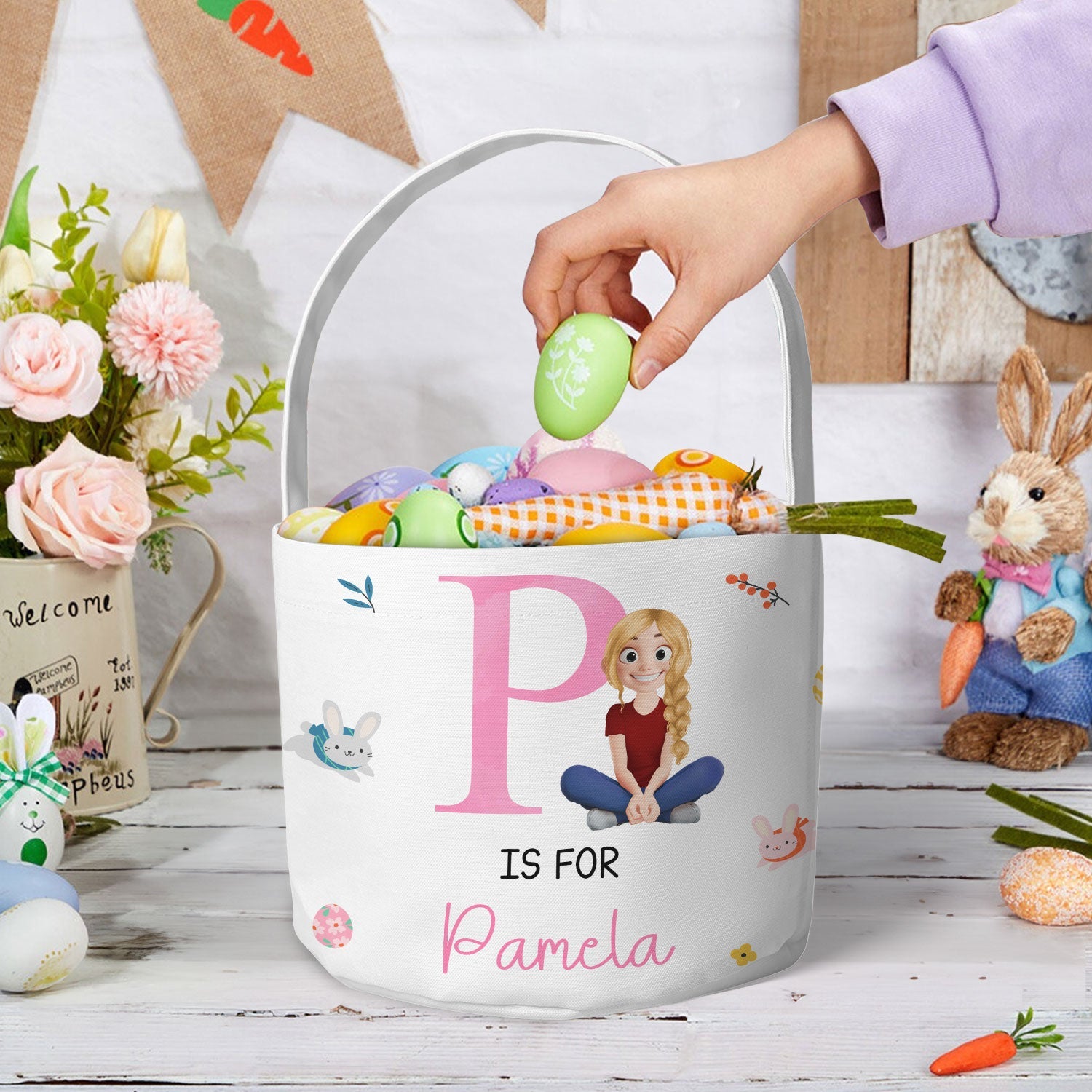 Initial Name Cute Cartoon - Personalized Easter Basket