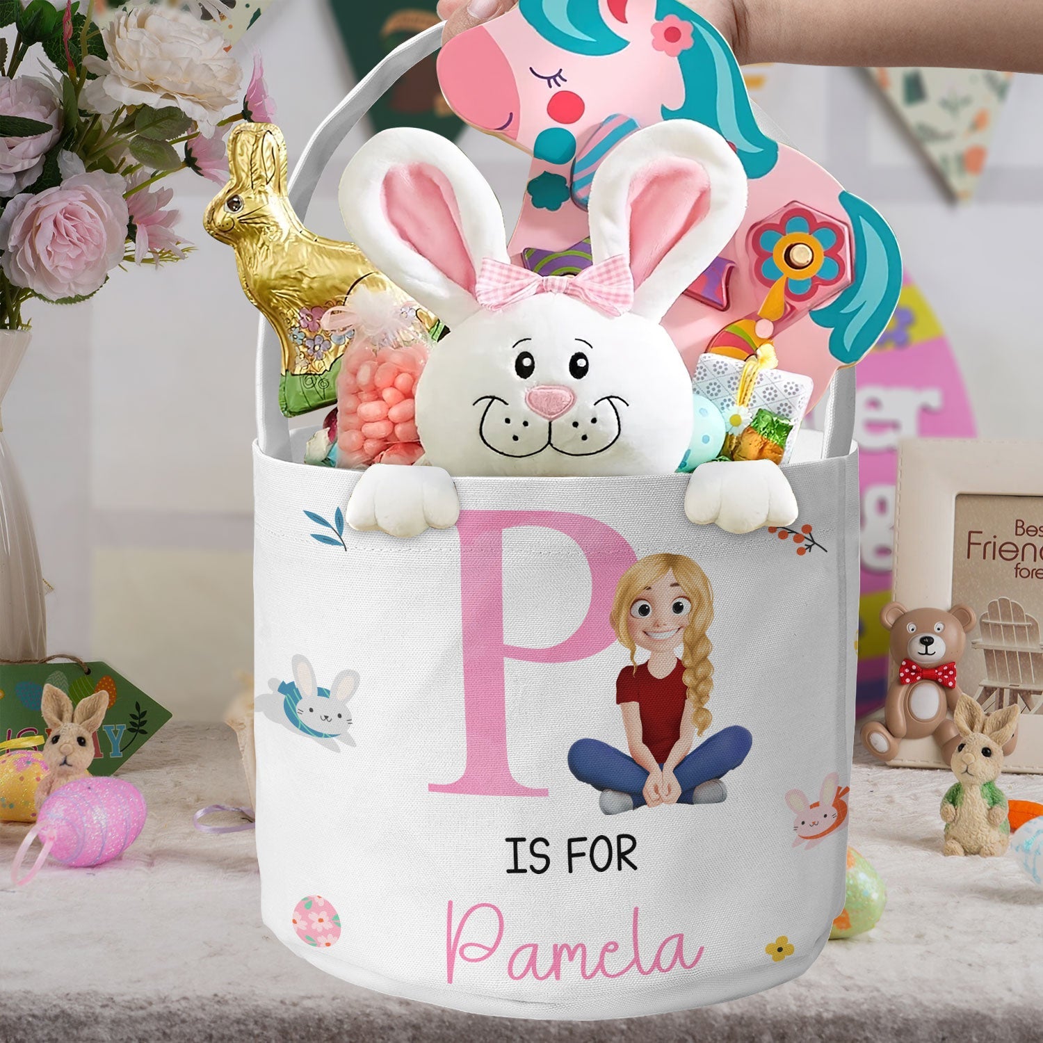 Initial Name Cute Cartoon - Personalized Easter Basket