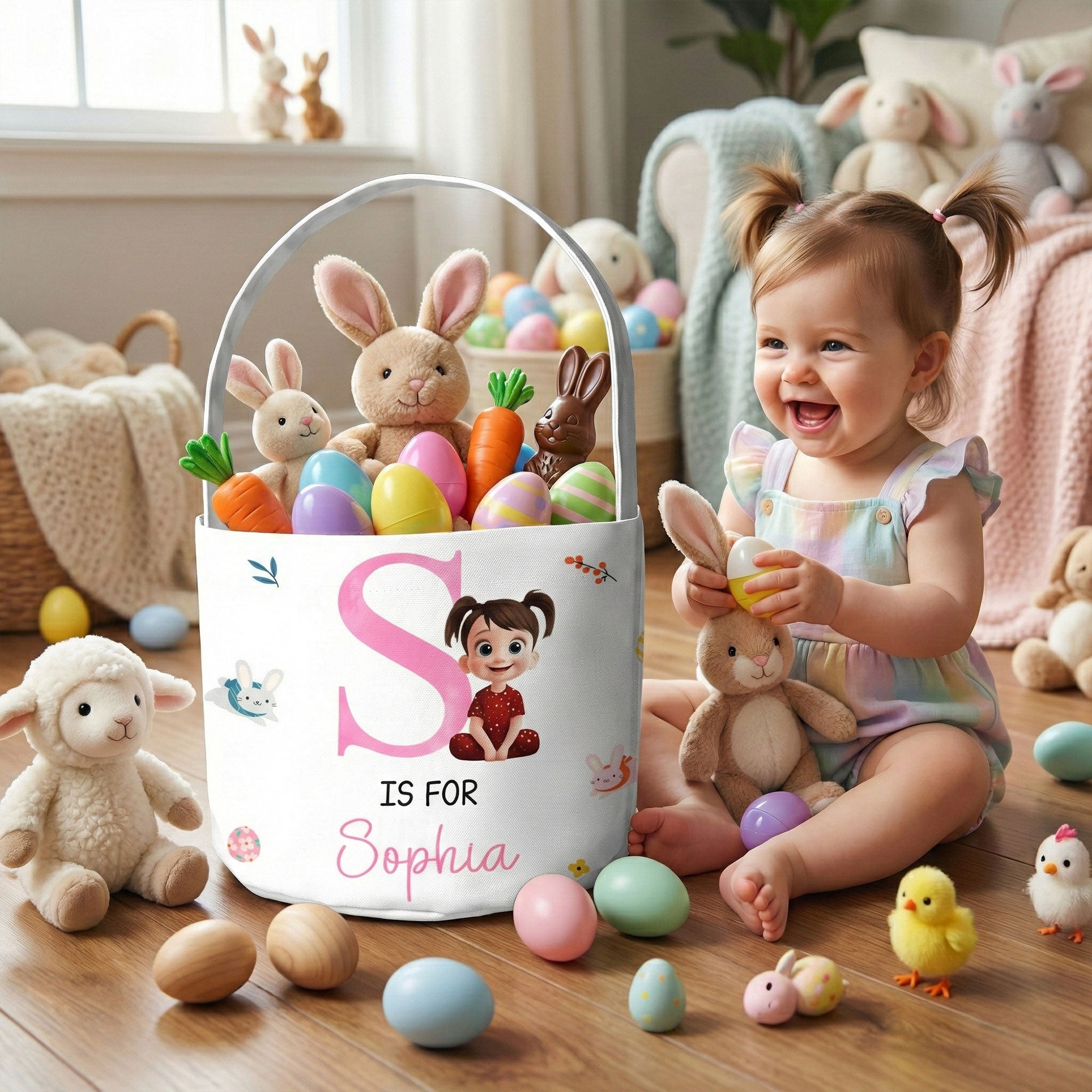 Initial Name Cute Cartoon - Personalized Easter Basket
