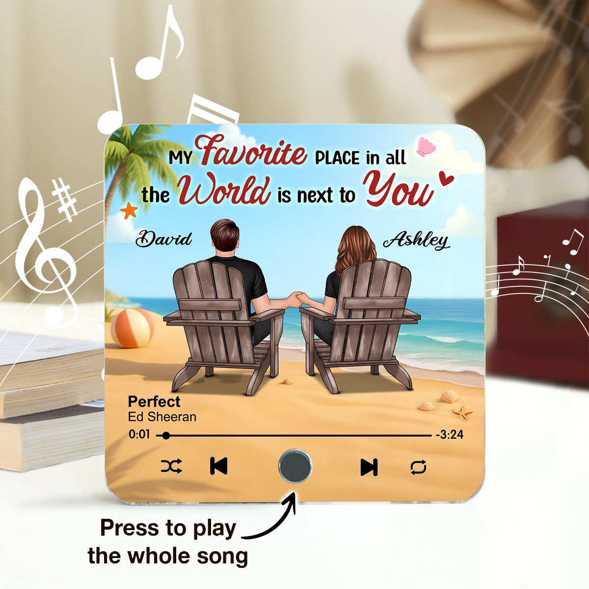 My Favorite Place in All the World is Next to You, Summer Couple Sitting Back View Personalized Music Fridge Magnet
