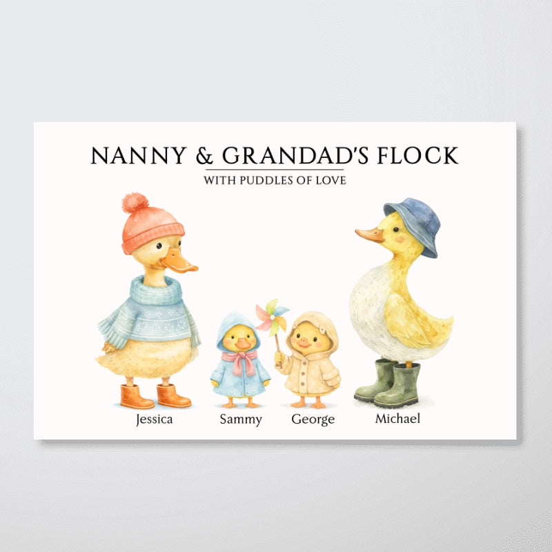 Nanny & Granddad's Flock with Puddles of Love - Personalised Poster - Gift for Grandparents