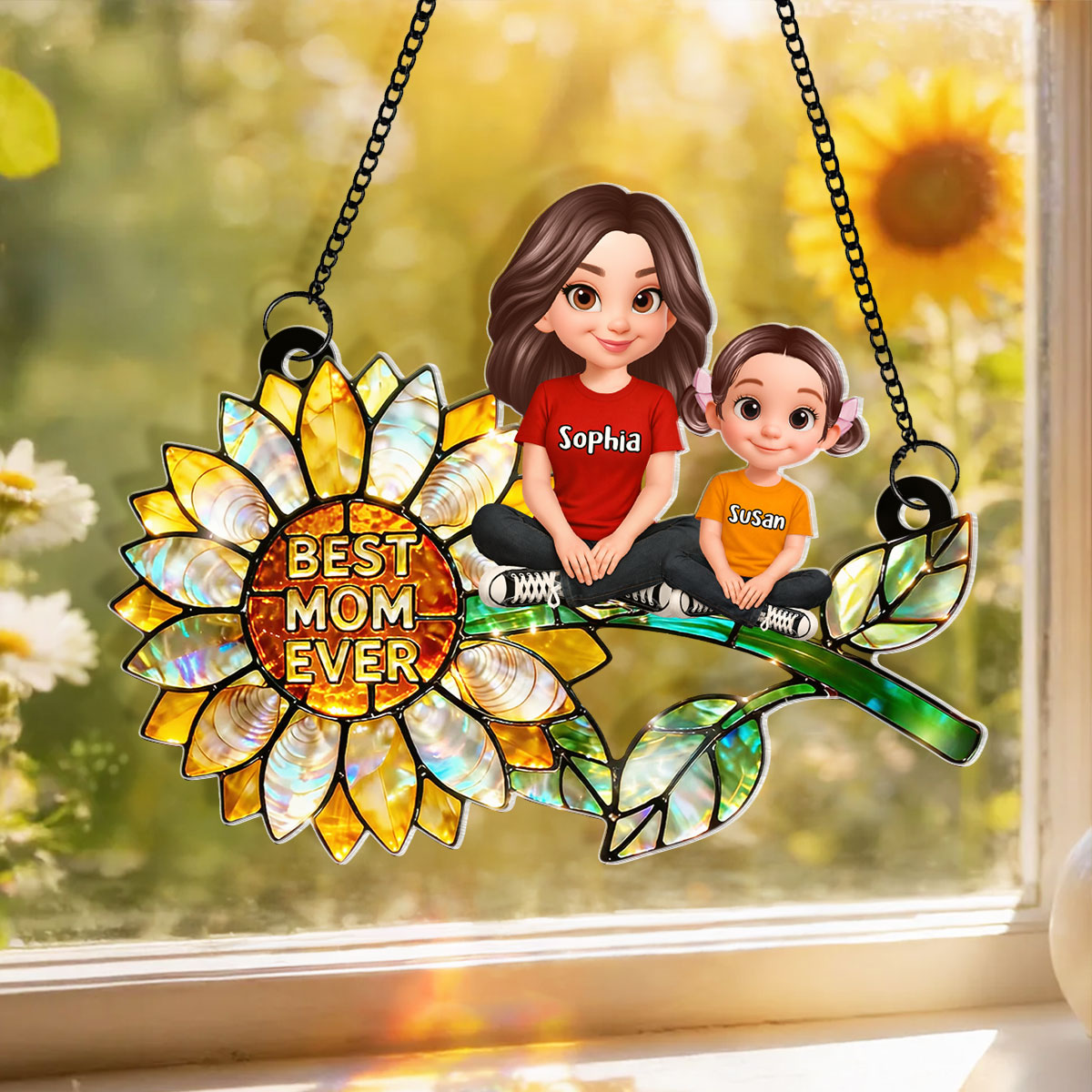 Sunflower Mom Grandma and Grandkids Sitting - Personalized Window Hanging Suncatcher - Mother's Day Gift for Mom, Wife