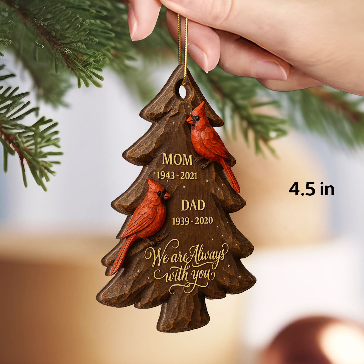 3D Effect Christmas Cardinals Memorial - Personalized Wooden Ornament - Remembrance Gift, Sympathy Gift