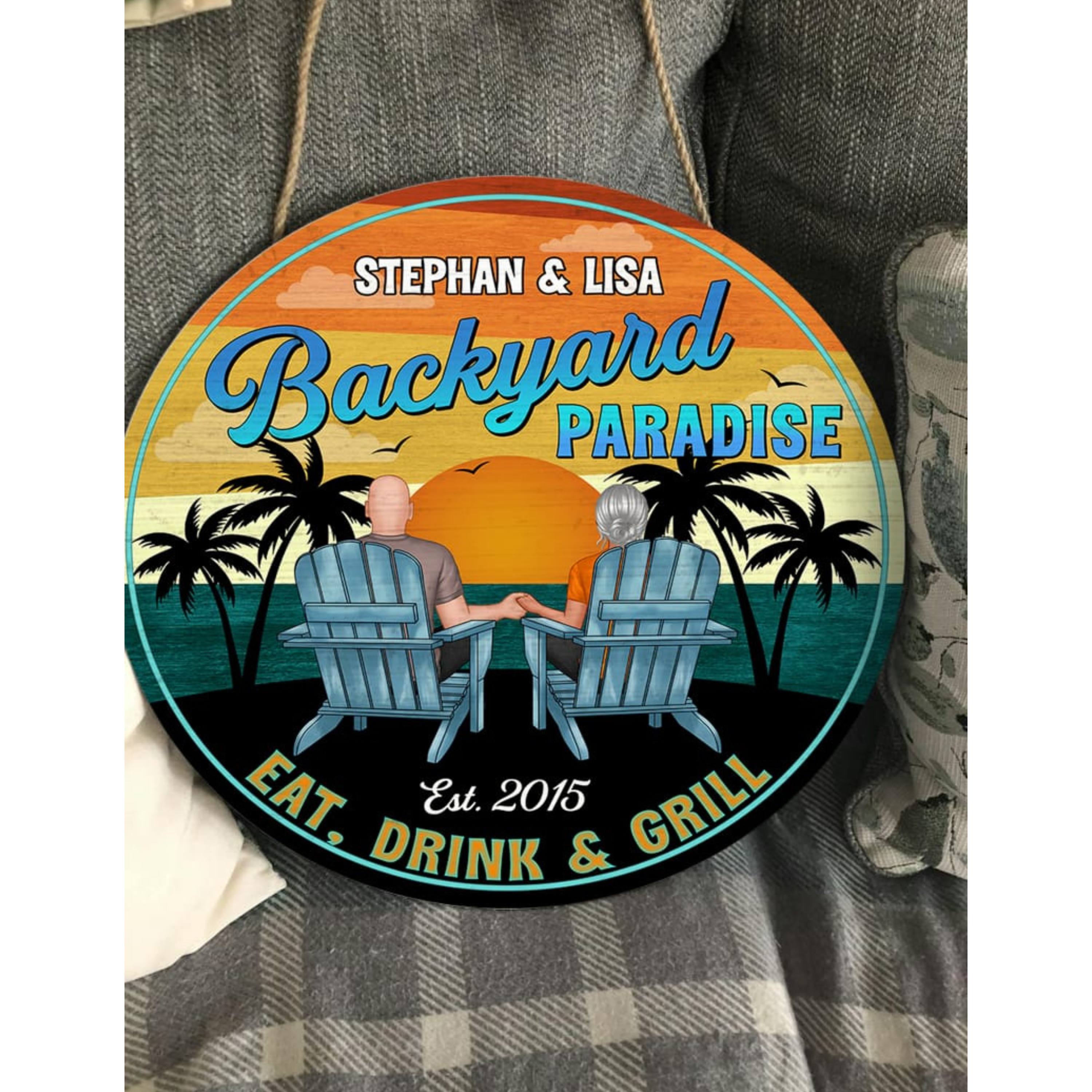 Vintage Backyard Paradise Couple Sitting Personalized Wood Sign, Housewarming, Birthday, Anniversary Gift for Him, Her