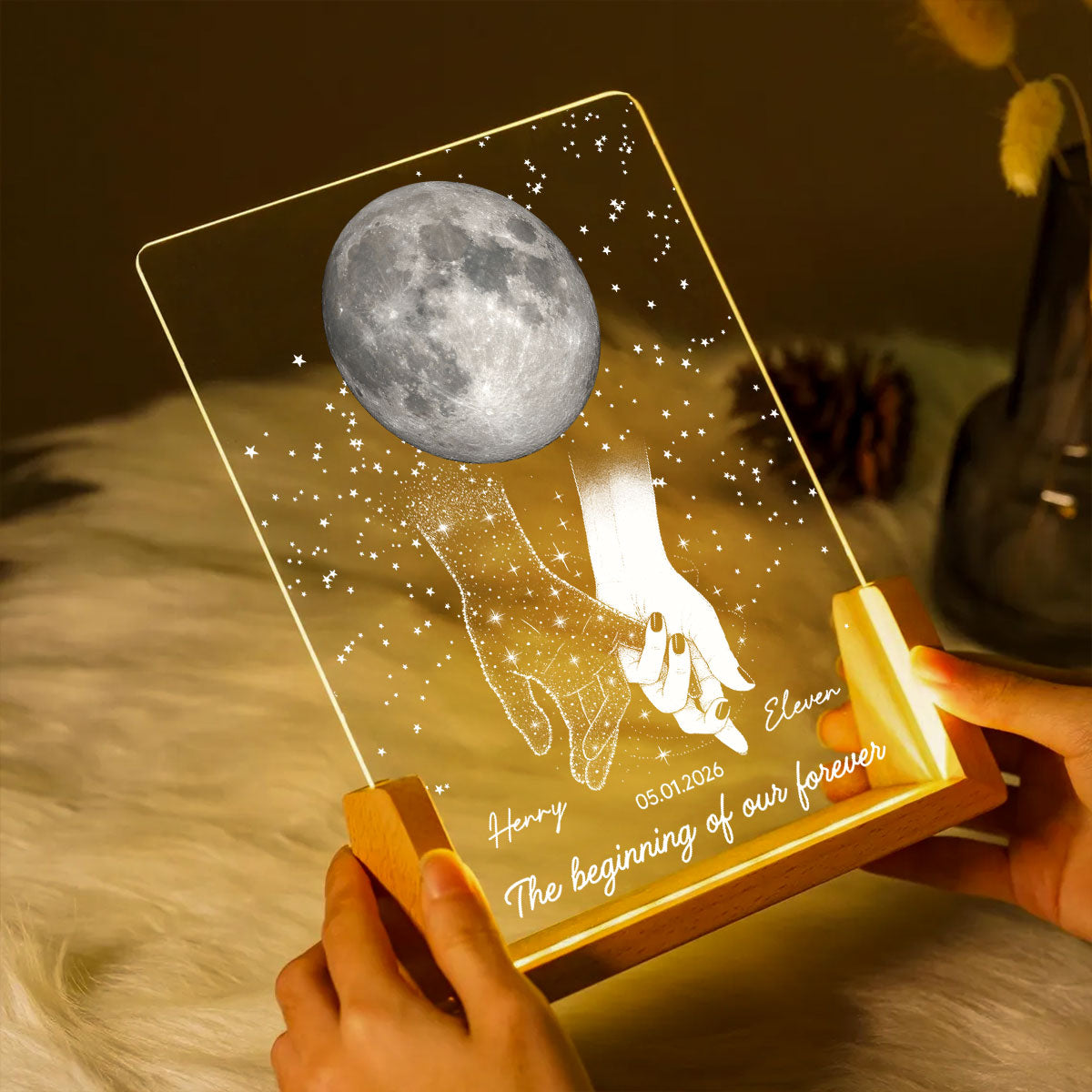 Couple Moon Phase The Beginning Of Our Forever - Personalized Acrylic LED Night Light - Wedding Anniversary Gift For Couple
