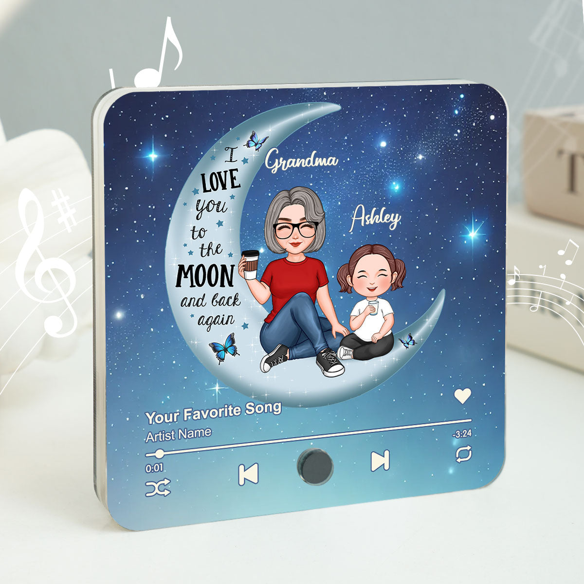 Cute Grandma Grandkids On Moon Personalized Music Fridge Magnet, Heartfelt 2025 Gift Birthday Gift For Mom For Grandma