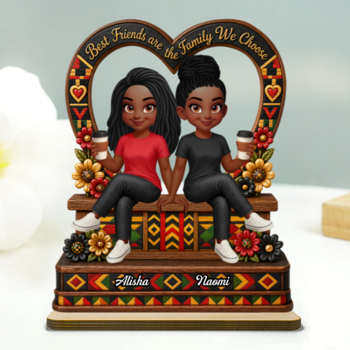 Tribal Pattern Besties Heart - Personalized 2-Layered Wooden Plaque - Birthday Gift, Gift For Best Friends