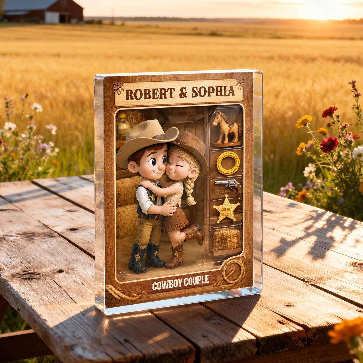 Countryside Couple Cowboy Cowgirl Action Figure - Personalized Acrylic Block Plaque - Anniversary, Valentine's Day Gift, Gift For Him, Gift For Her