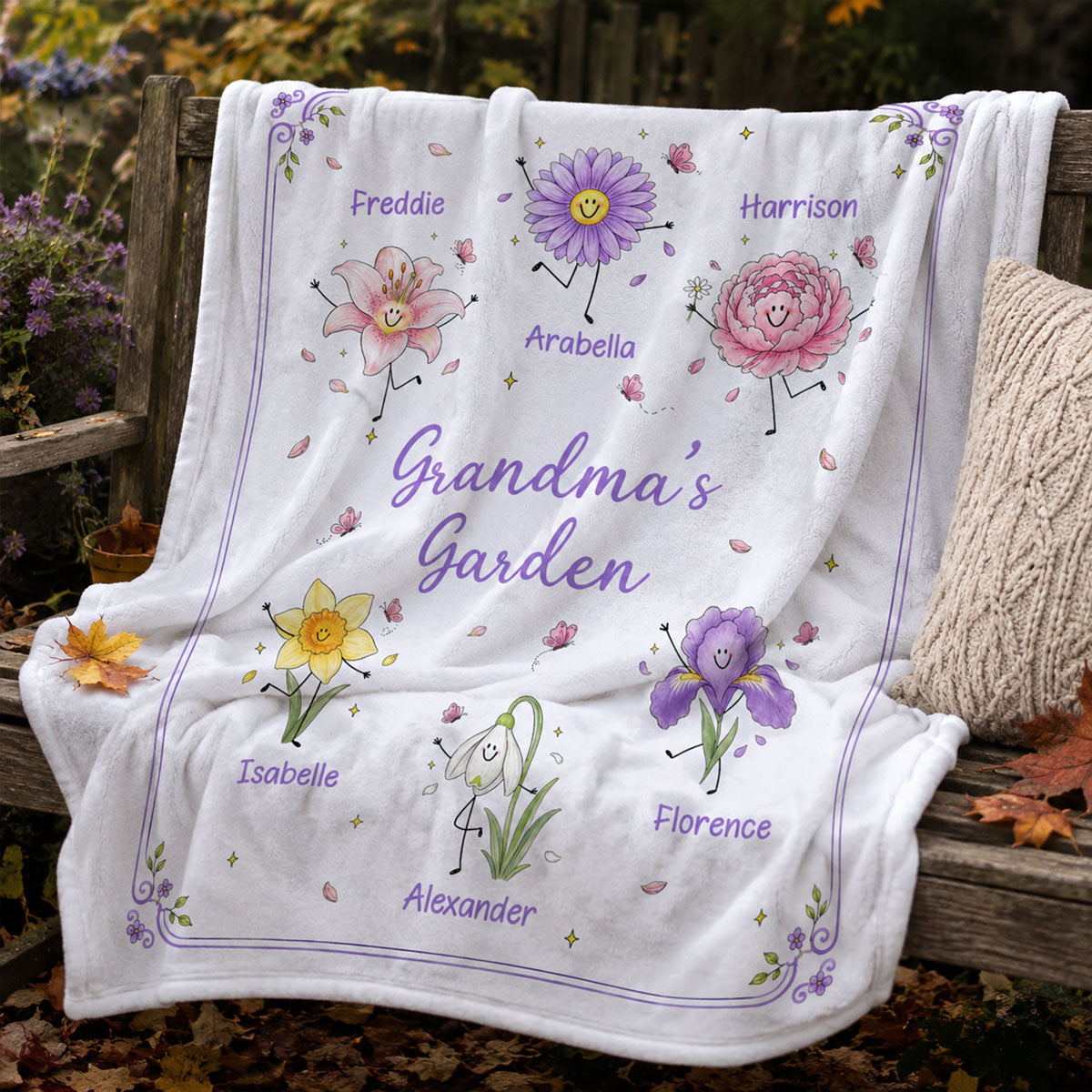 Grandma's Garden Cute Doodle Birth Month Flowers - Personalized Fleece Blanket - Gift For Grandma