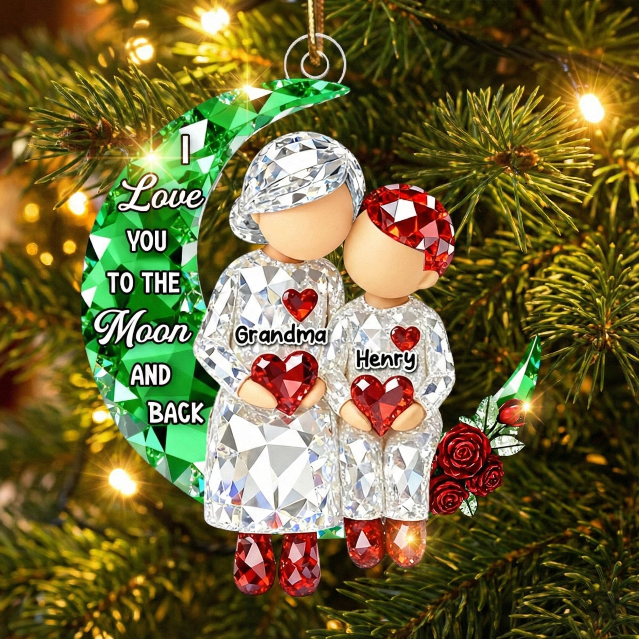 3D Crystal Effect Grandma Grandpa Grandkid Sitting on Moon  - Personalized Acrylic Ornament - Christmas Gift for Grandma, Grandkids