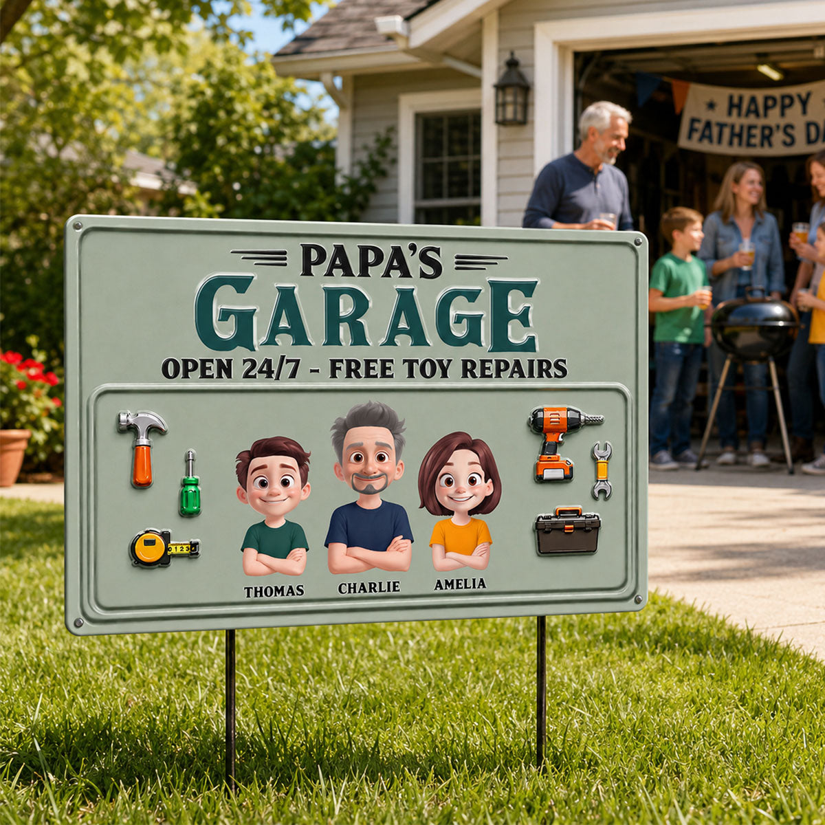 Dad's Garage Open 24/7 Free Toy Repairs - Personalized Metal Sign - Heartfelt Gift For Dad, Grandpa, Husband