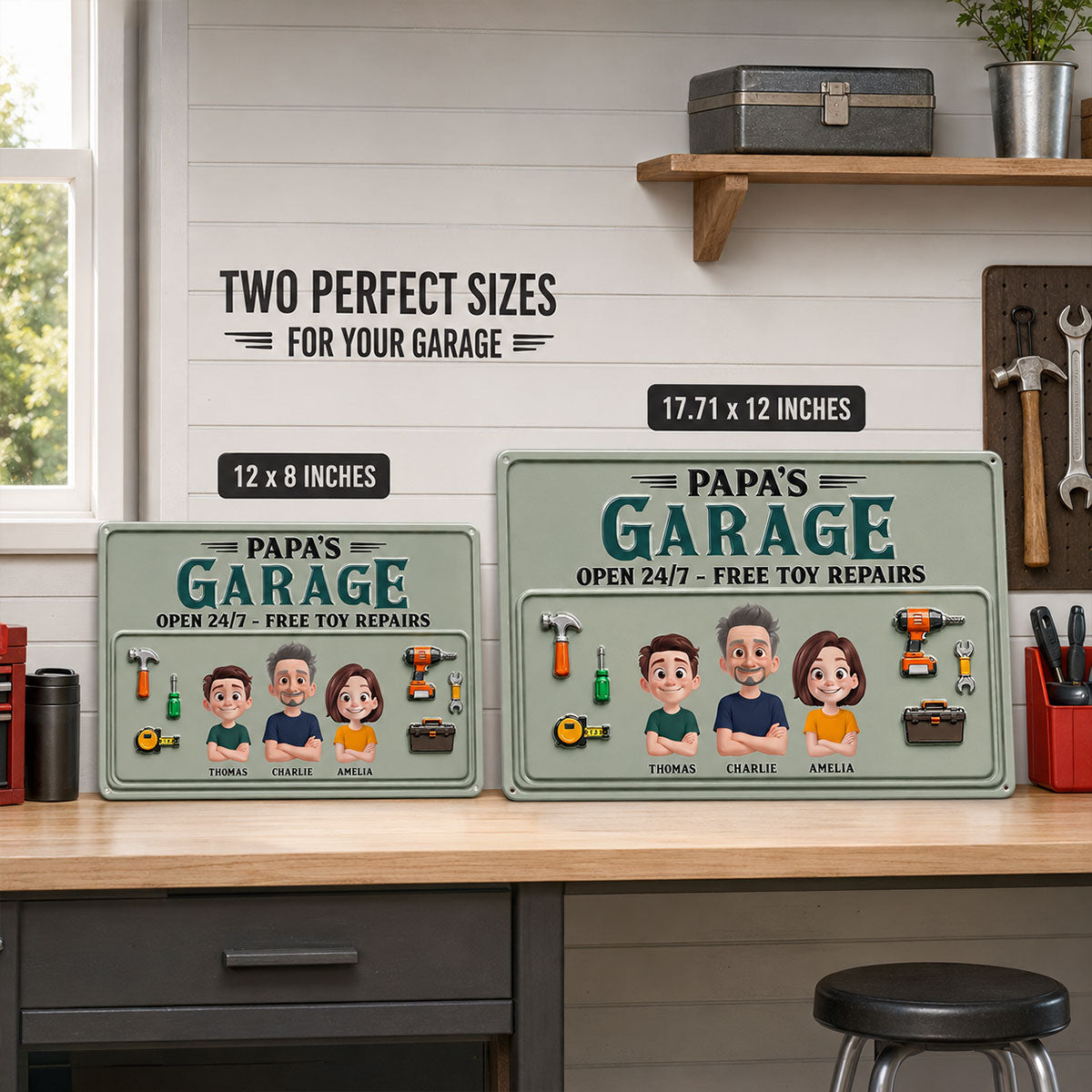 Dad's Garage Open 24/7 Free Toy Repairs - Personalized Metal Sign - Heartfelt Gift For Dad, Grandpa, Husband
