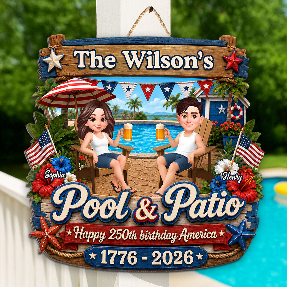 America 250th Anniversary Couple Pool & Patio - Personalized Wood Sign - Summer Pool Patio Decoration
