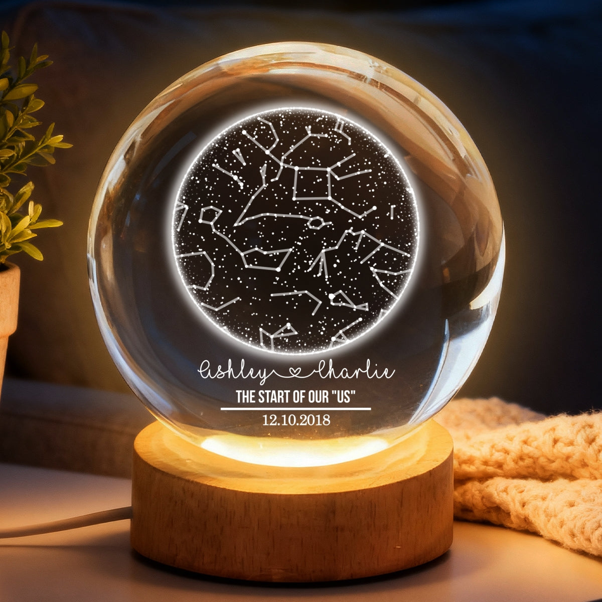 Custom Constellation Couple Star Map by Date - Personalized Crystal Ball Night Light - Heartfelt Anniversary Gift, Valentine's Day Gift for Her, for Him