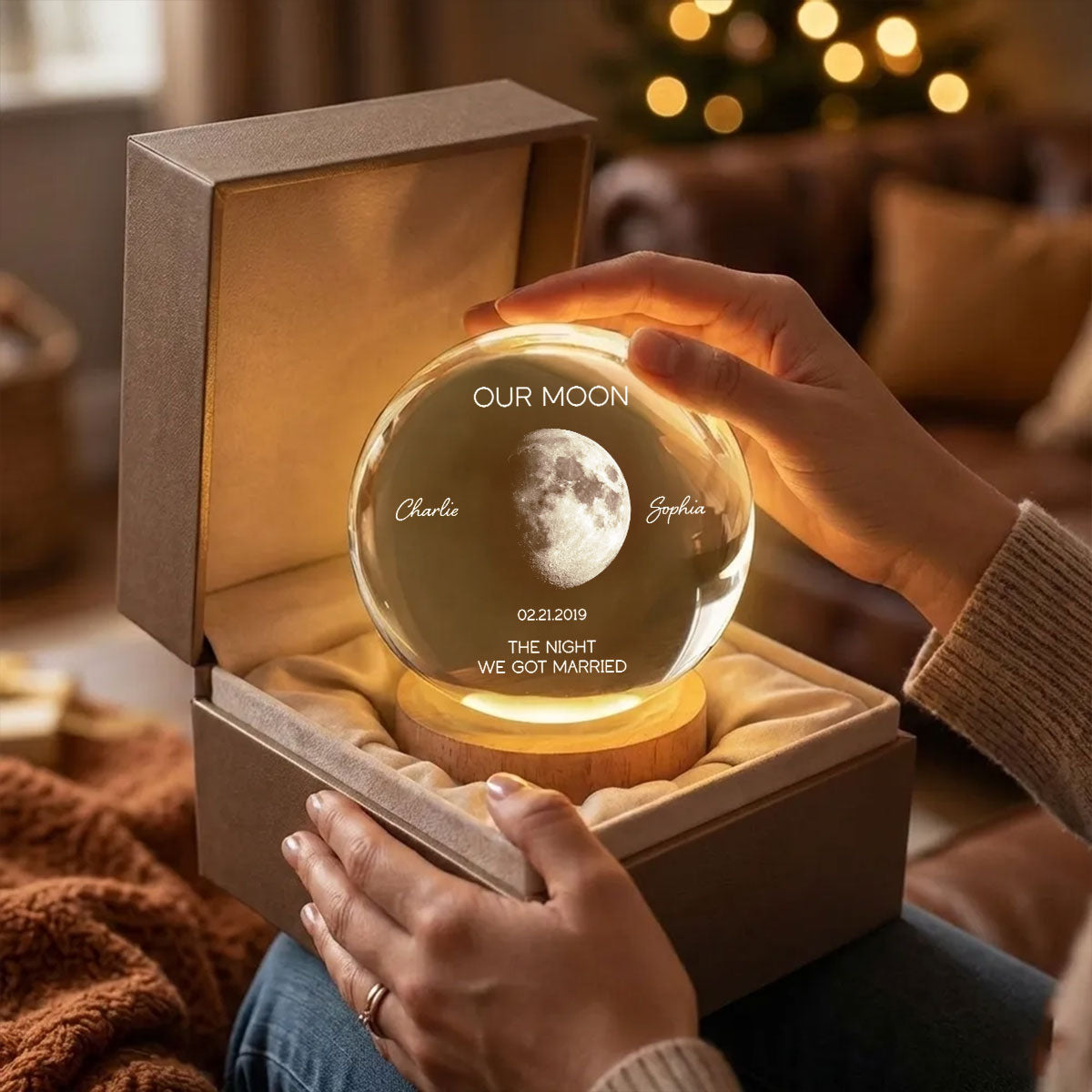 Our Moon Special Date, Custom Moon Phase by Date - Personalized Crystal Ball Night Light - Heartfelt Anniversary Gift for her, for him