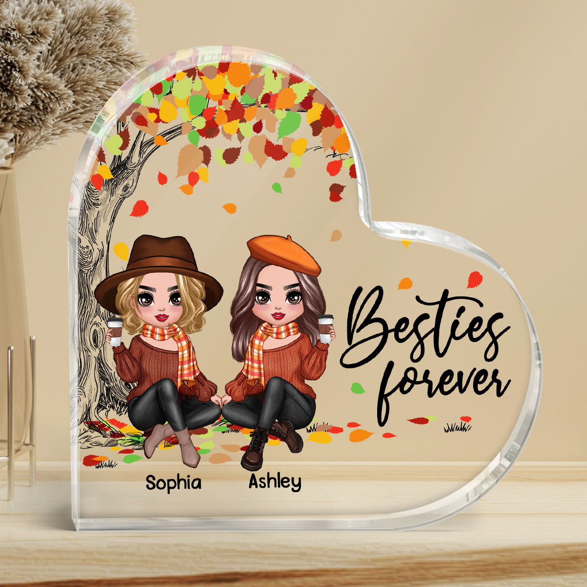 Besties Sisters Under Colorful Fall Season Tree Personalized Heart Acrylic Plaque