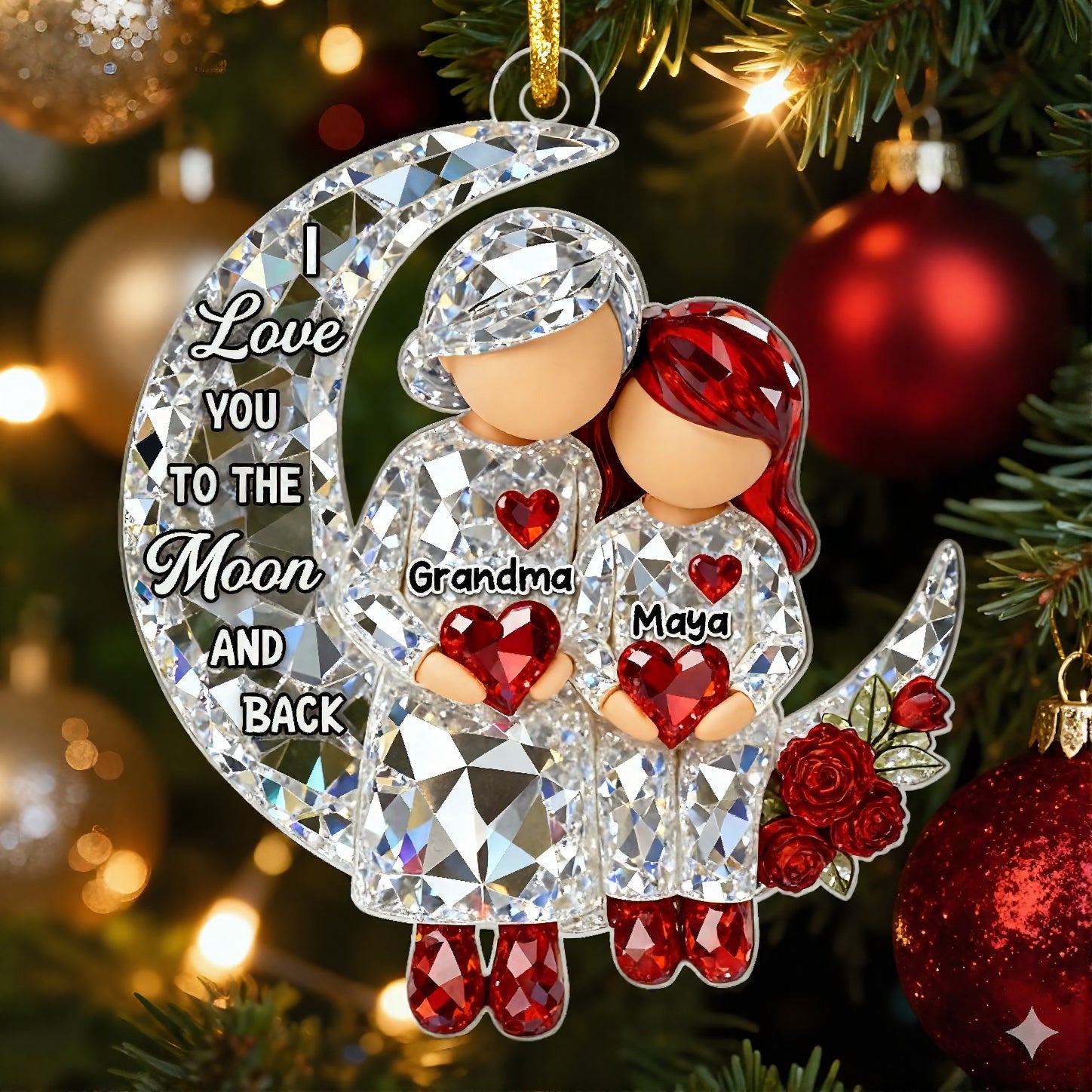 3D Crystal Effect Grandma Grandpa Grandkid Sitting on Moon  - Personalized Acrylic Ornament - Christmas Gift for Grandma, Grandkids