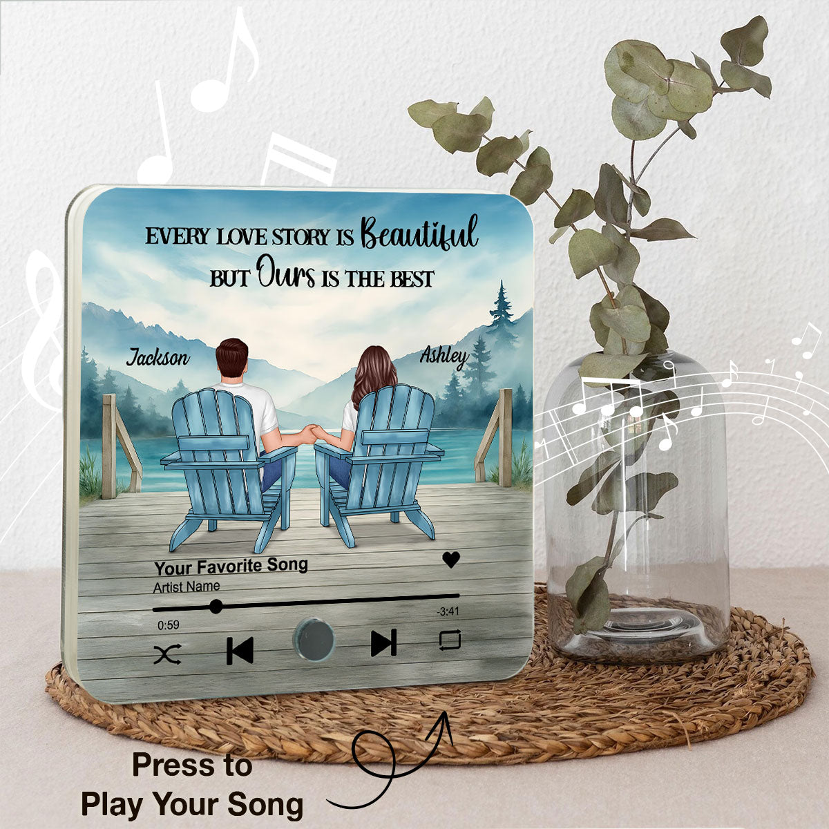 Lakeside Mountain Landscape Couple Back View Personalized Music Fridge Magnet, Anniversary Gift for Him for Her