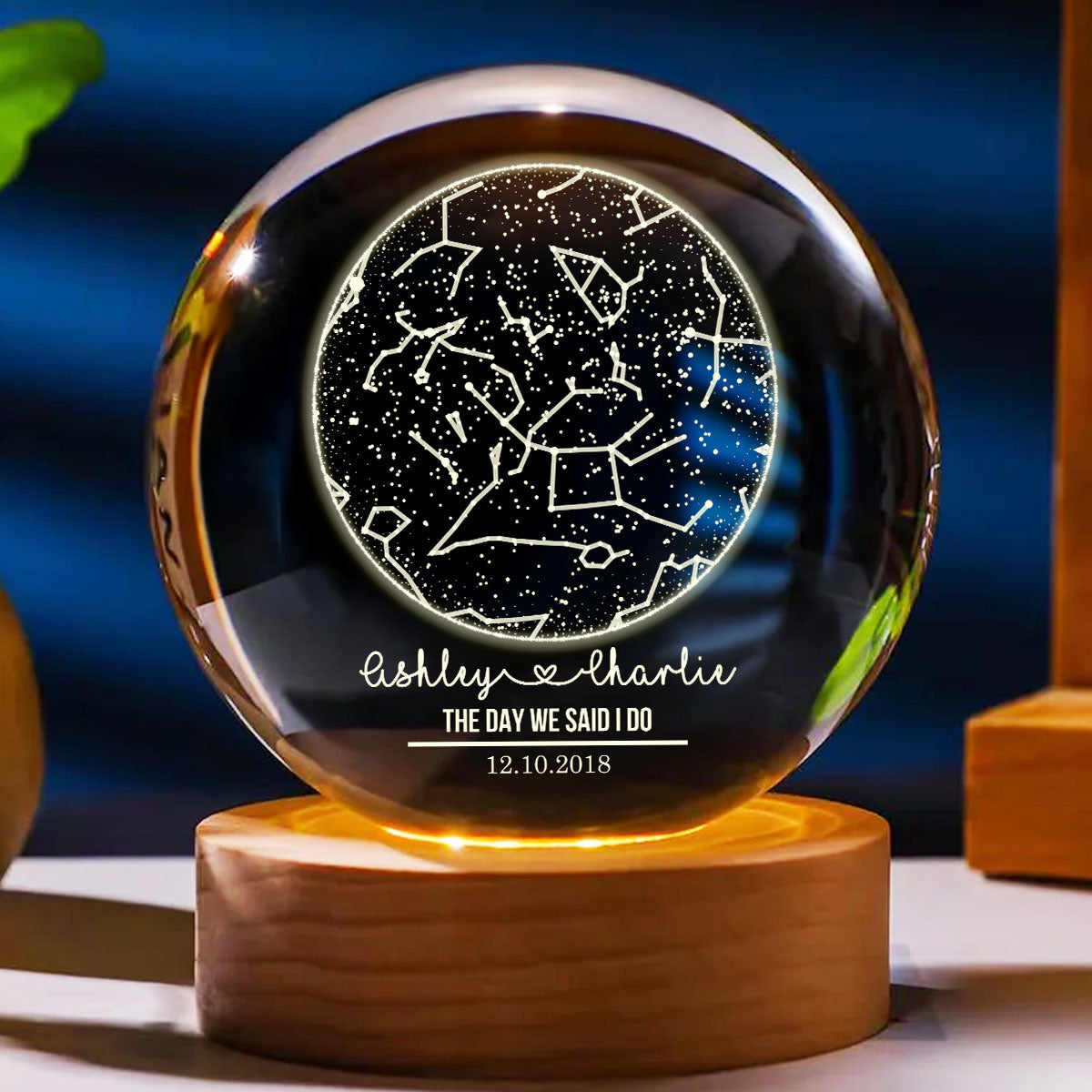 Custom Constellation Couple Star Map by Date - Personalized Crystal Ball Night Light - Heartfelt Anniversary Gift, Valentine's Day Gift for Her, for Him