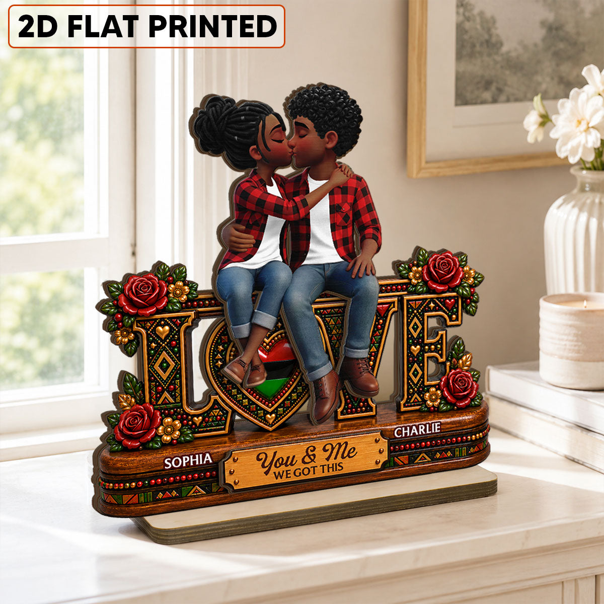 Tribal Pattern Eternal Love Couple Together - Personalized 2-Layered Wooden Plaque - Anniversary Gift For Couple