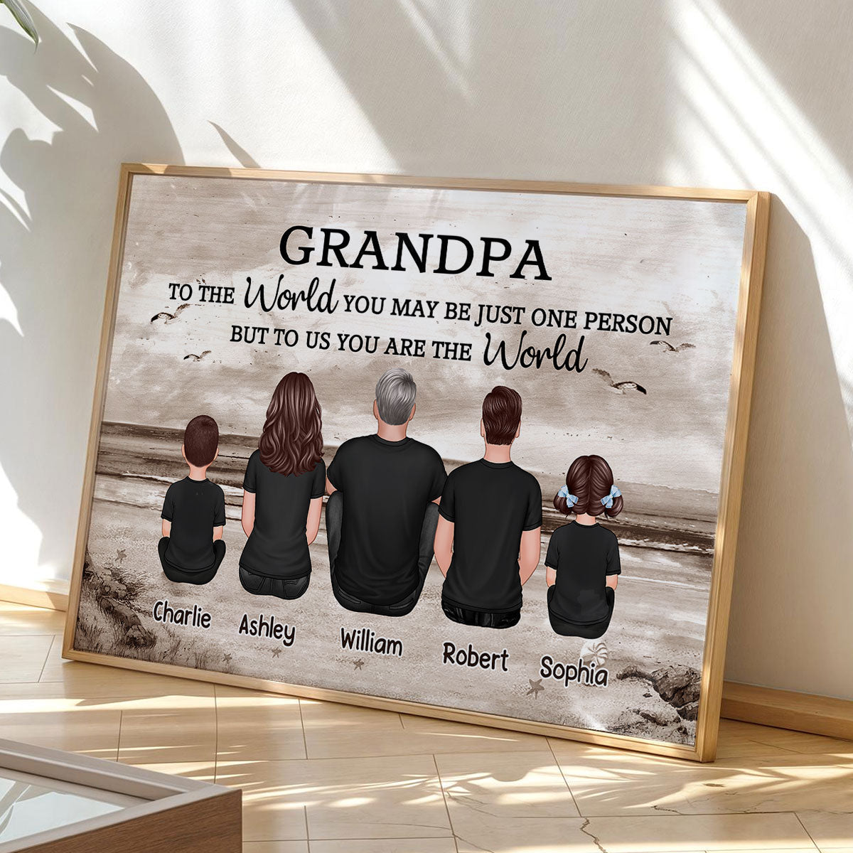 Grandpa And Grandsons Granddaughters Retro Vintage Beach Landscape Personalized Poster| Heartfelt Father's Day Gift For Grandpa From Grandkids