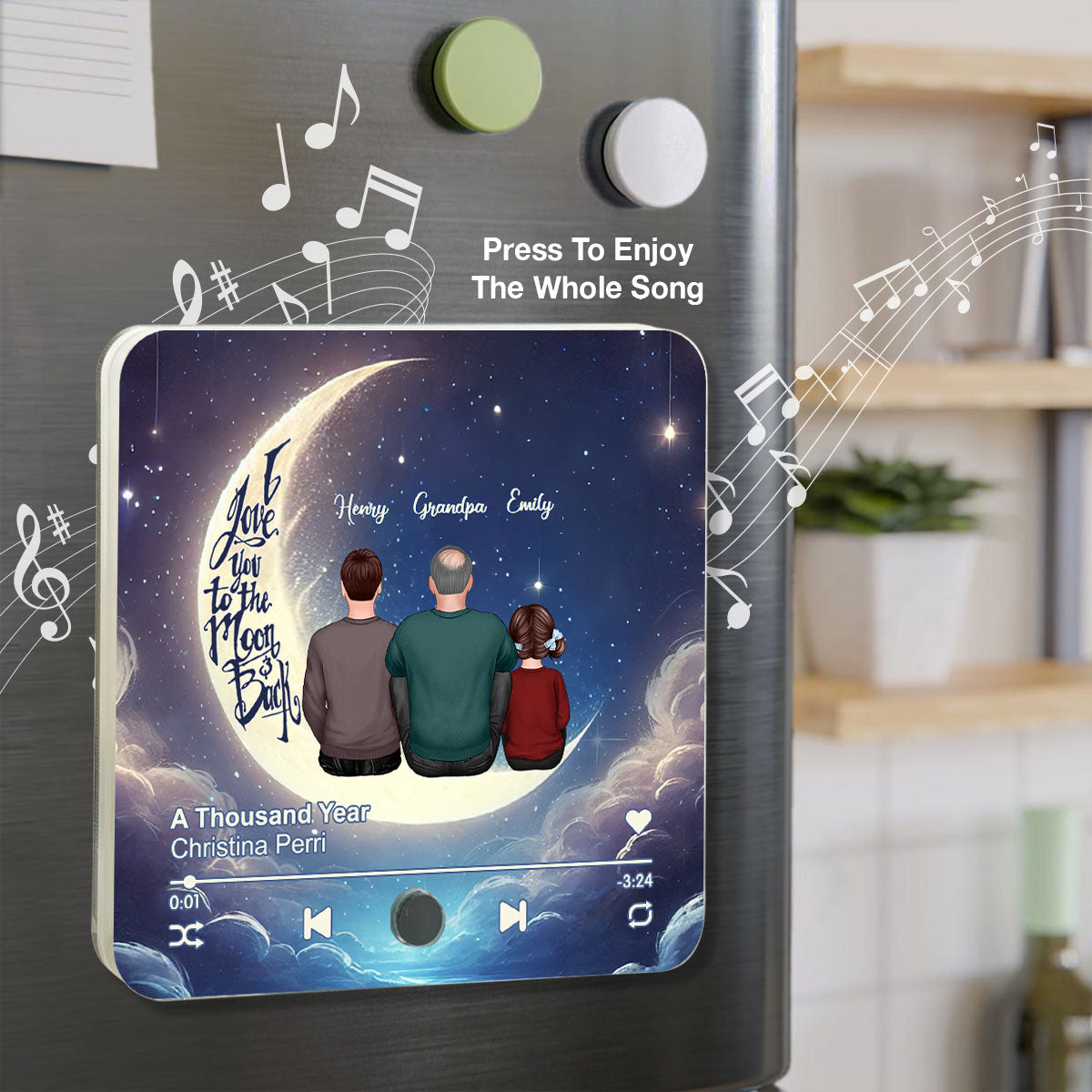 Papa Grandpa & Kids Sitting On Moon Personalized Music Fridge Magnet, Perfect 2025 Father's Day Gift For Husband, For Dad, For Grandpa