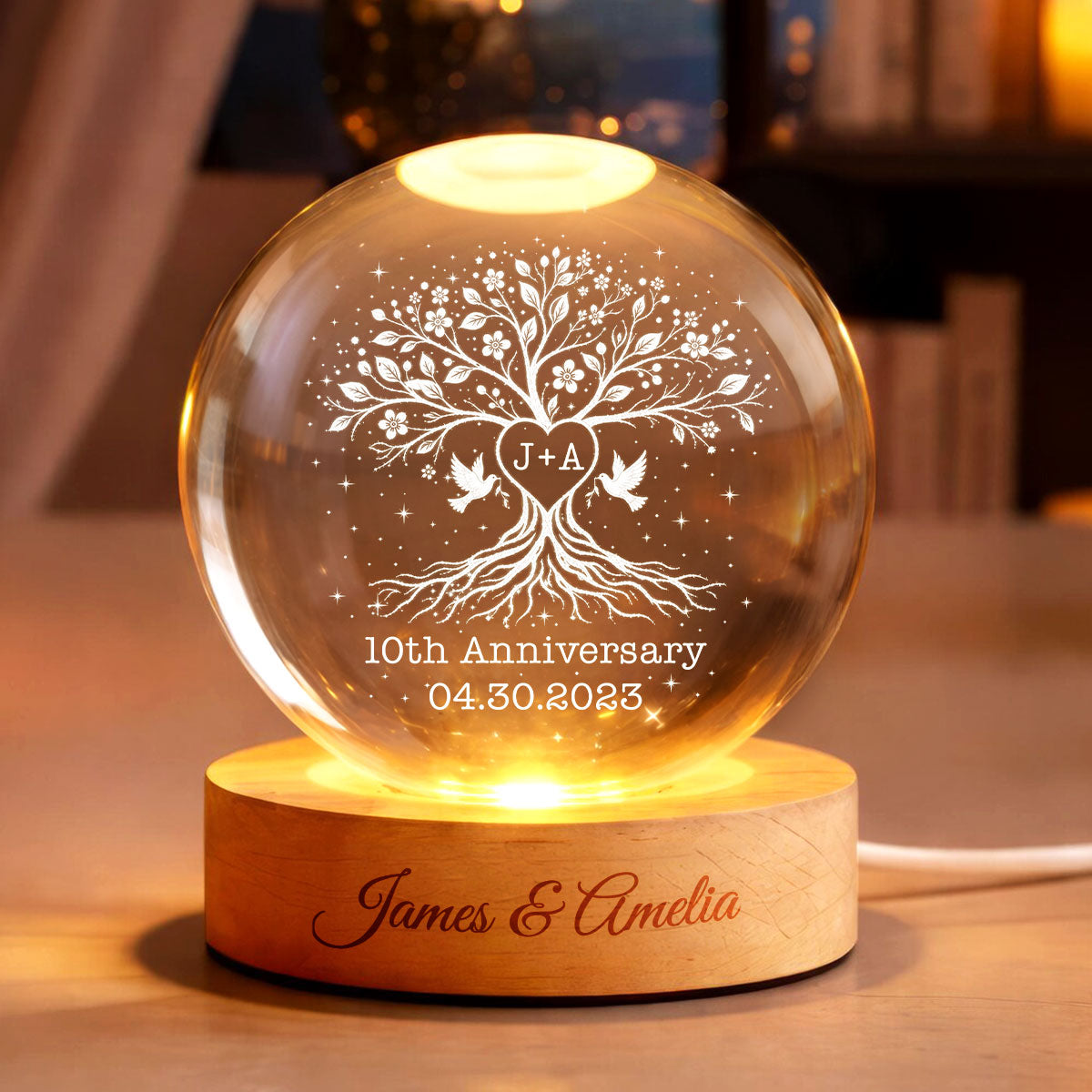 Wedding Anniversary Tree of Life - Personalized Crystal Ball LED Night Light - Heartfelt Gift for Her, Gift for Him