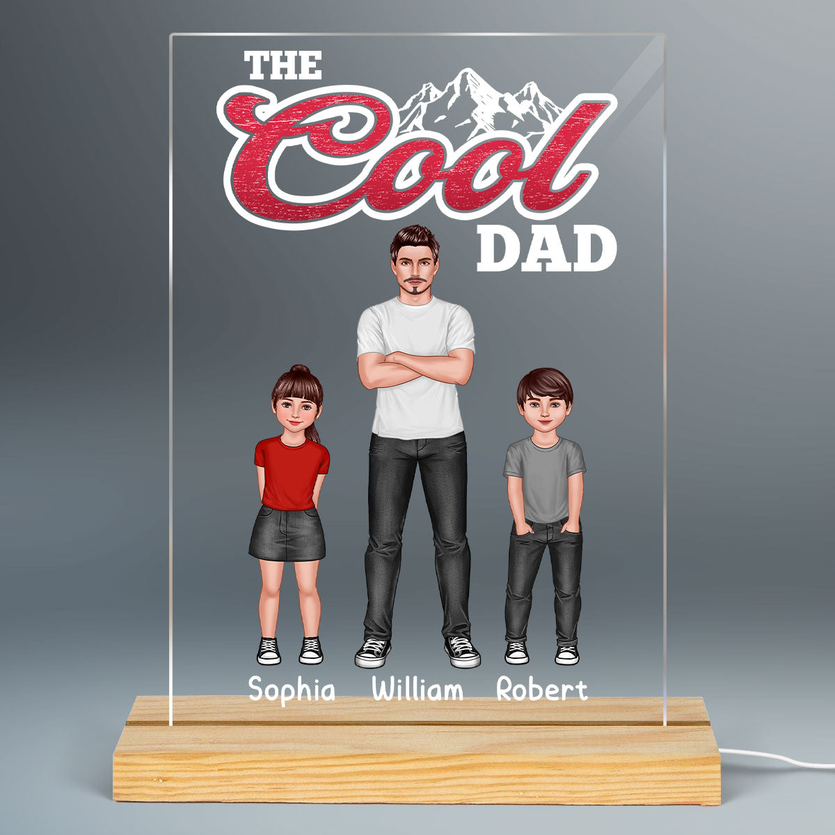 The Cool Dad Man And Kids Standing Front View Personalized Rectangle Acrylic LED Night Light