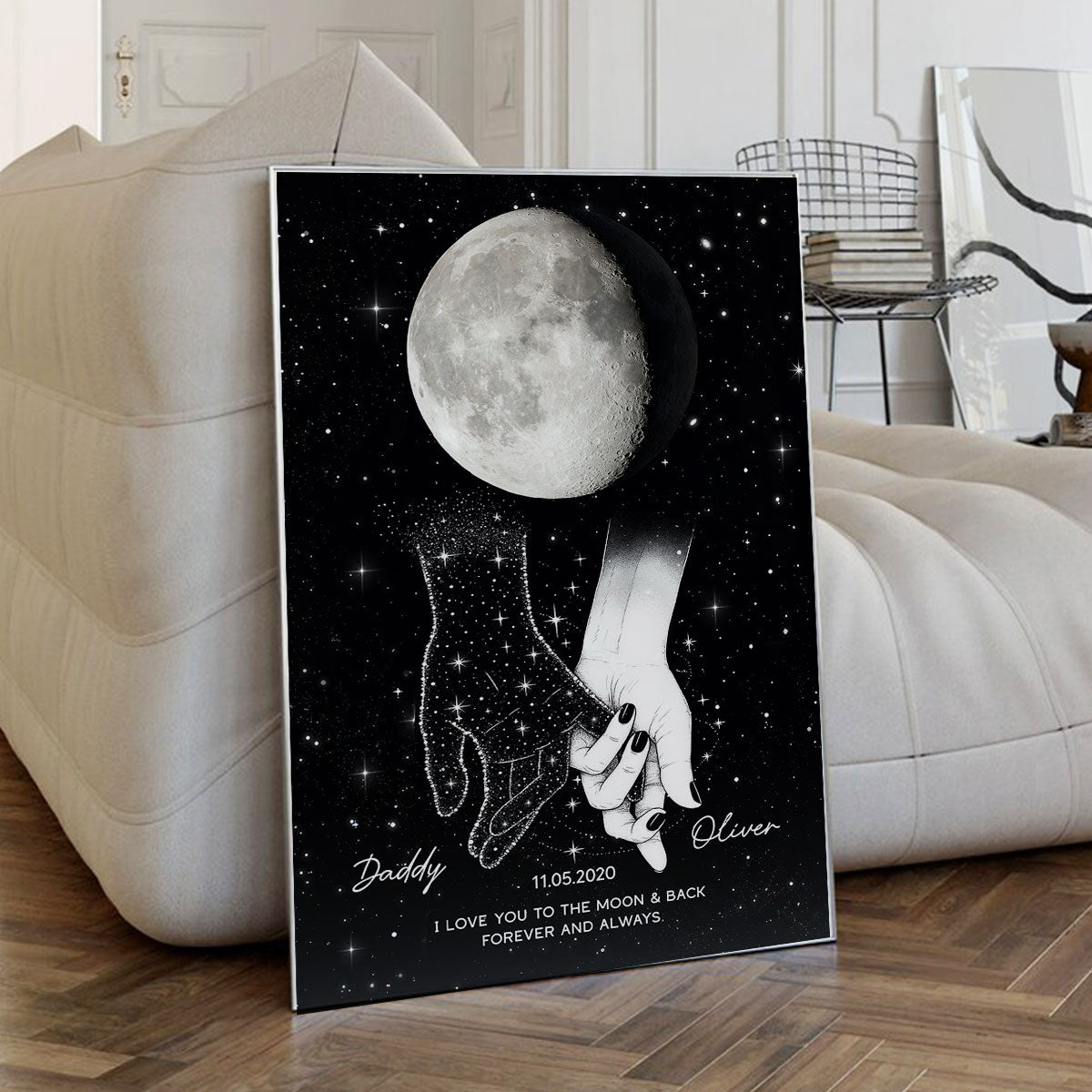Lost Loved One Holding Hands Moon Phase Galaxy Art Memorial Sympathy Gift Personalized Poster