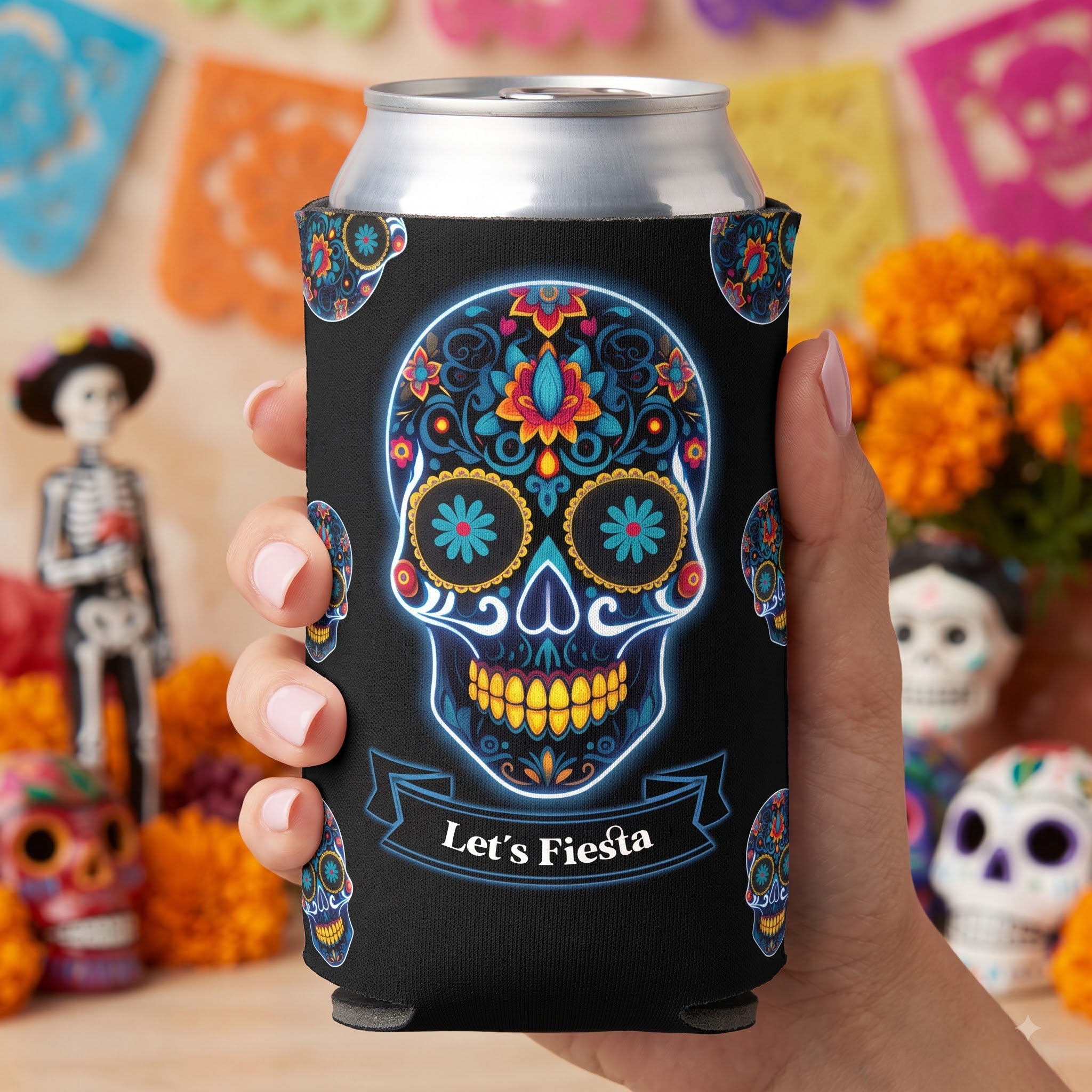 Let's Fiesta Mexican Florals Fiesta Dia De Los Muertos - Personalized Can Cooler
